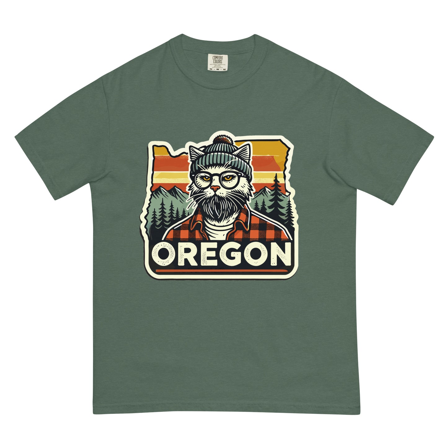 Green Oregon cat t-shirt featuring a hipster cat with glasses and beanie in front of Oregon sunset and trees