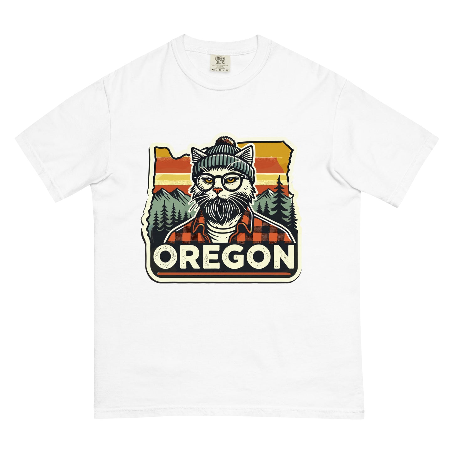 White Oregon cat t-shirt featuring a stylish cat with glasses and beanie in front of Oregon landscape