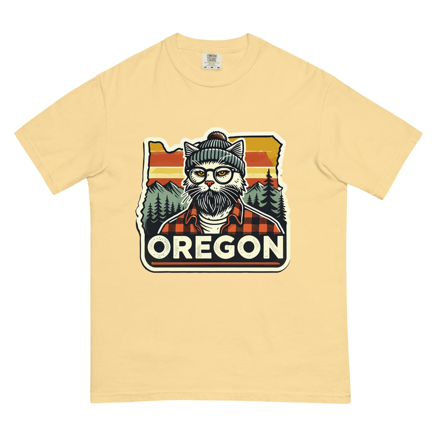 Beige Oregon cat t-shirt featuring a hipster cat with glasses and beanie in front of Oregon forest silhouette