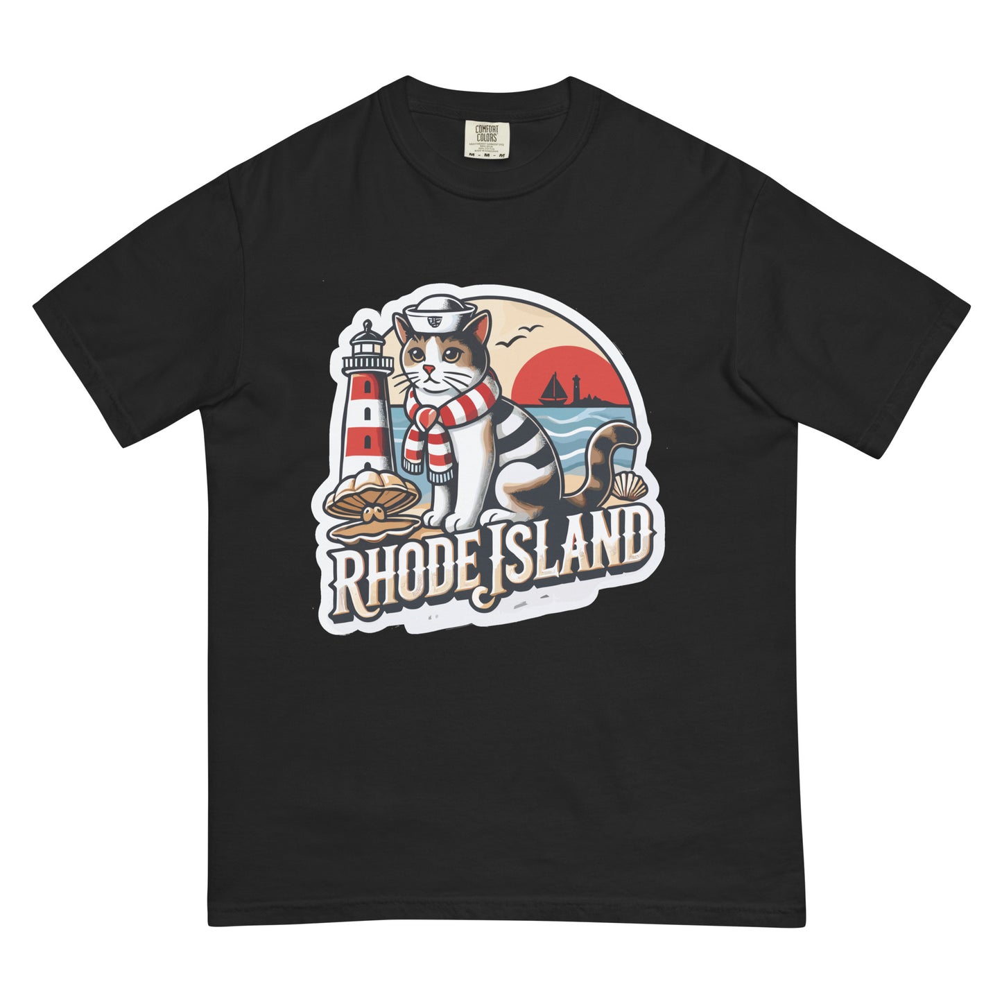 Black Rhode Island cat t-shirt featuring a sailor cat with lighthouse and ocean sunset design