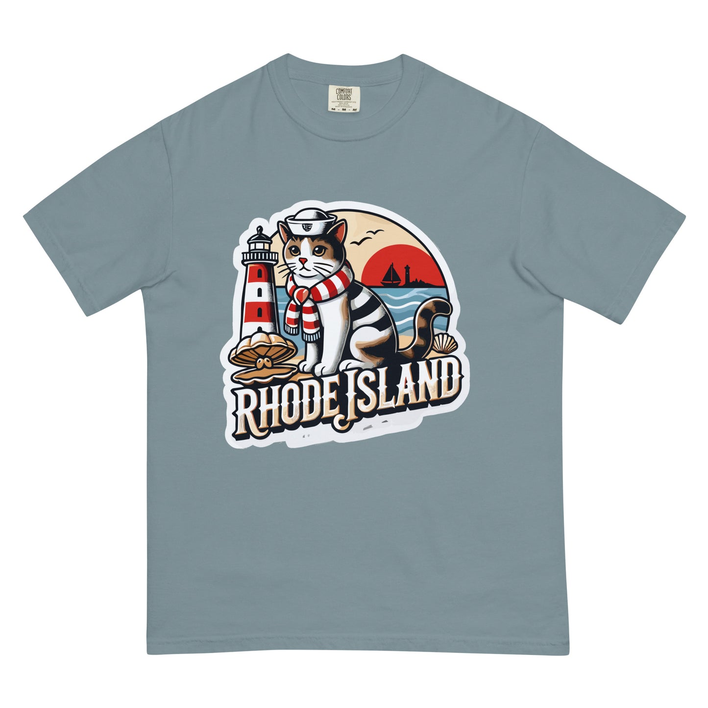 Meowrica Rhode Island cat t-shirt with sailor cat, lighthouse, and ocean sunset design