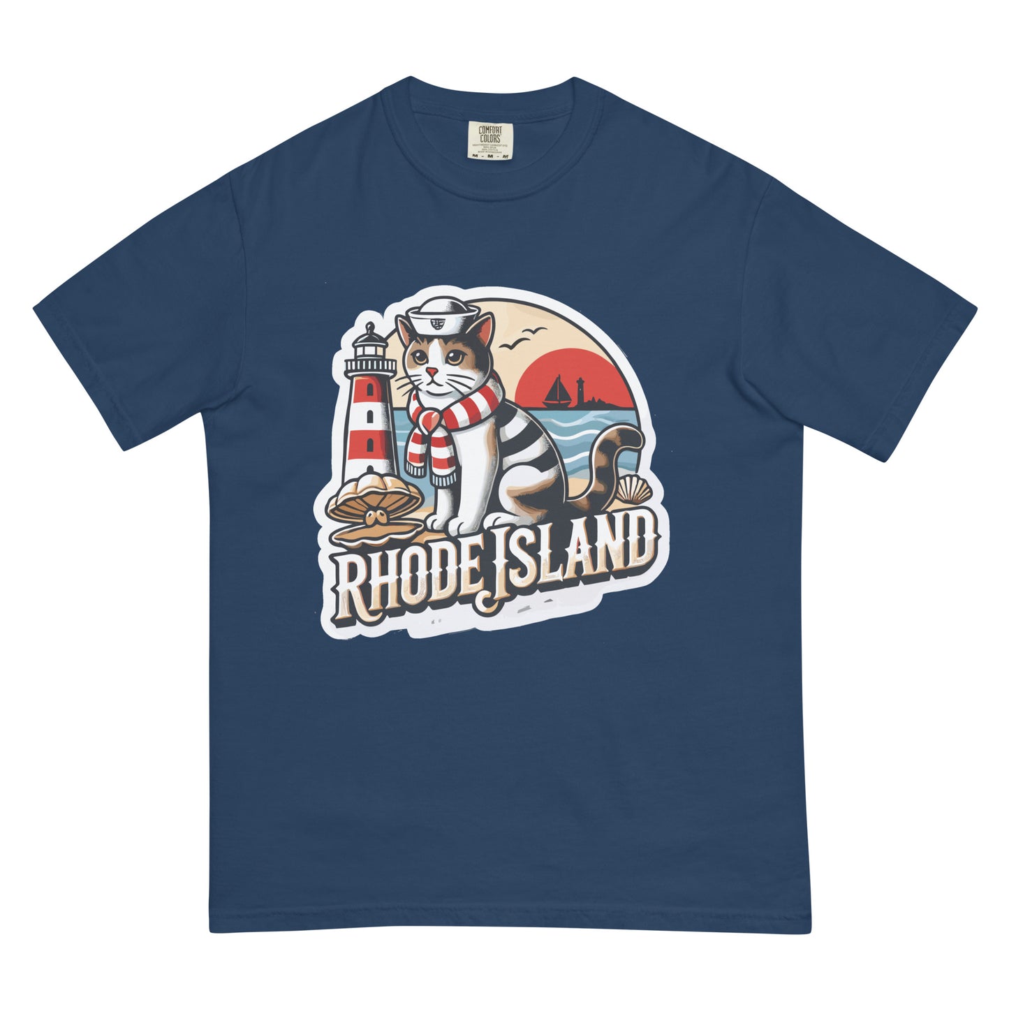 Rhode Island cat t-shirt in navy blue with a sailor cat, lighthouse, and ocean design