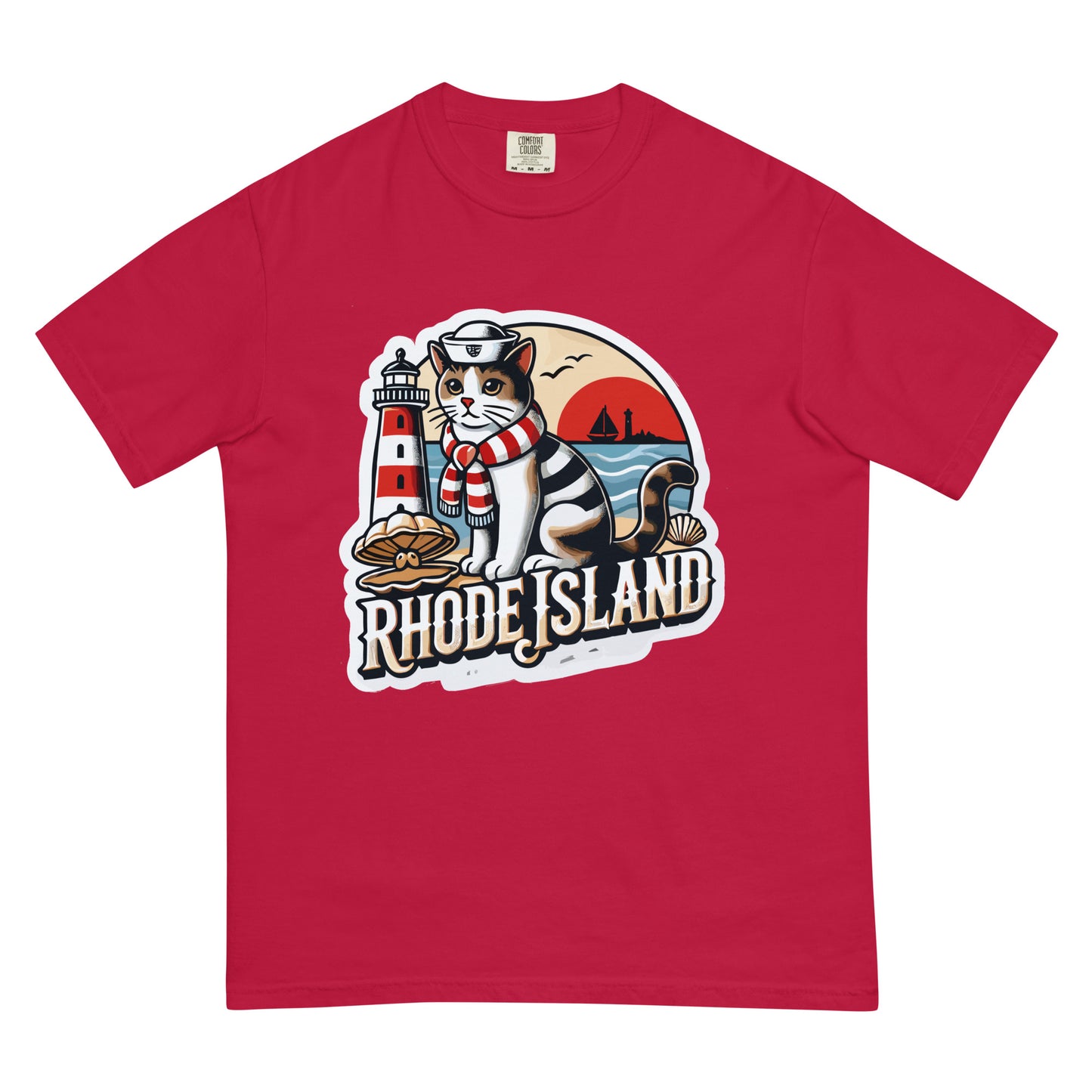 Red Rhode Island cat t-shirt featuring a sailor cat with lighthouse and sunset design