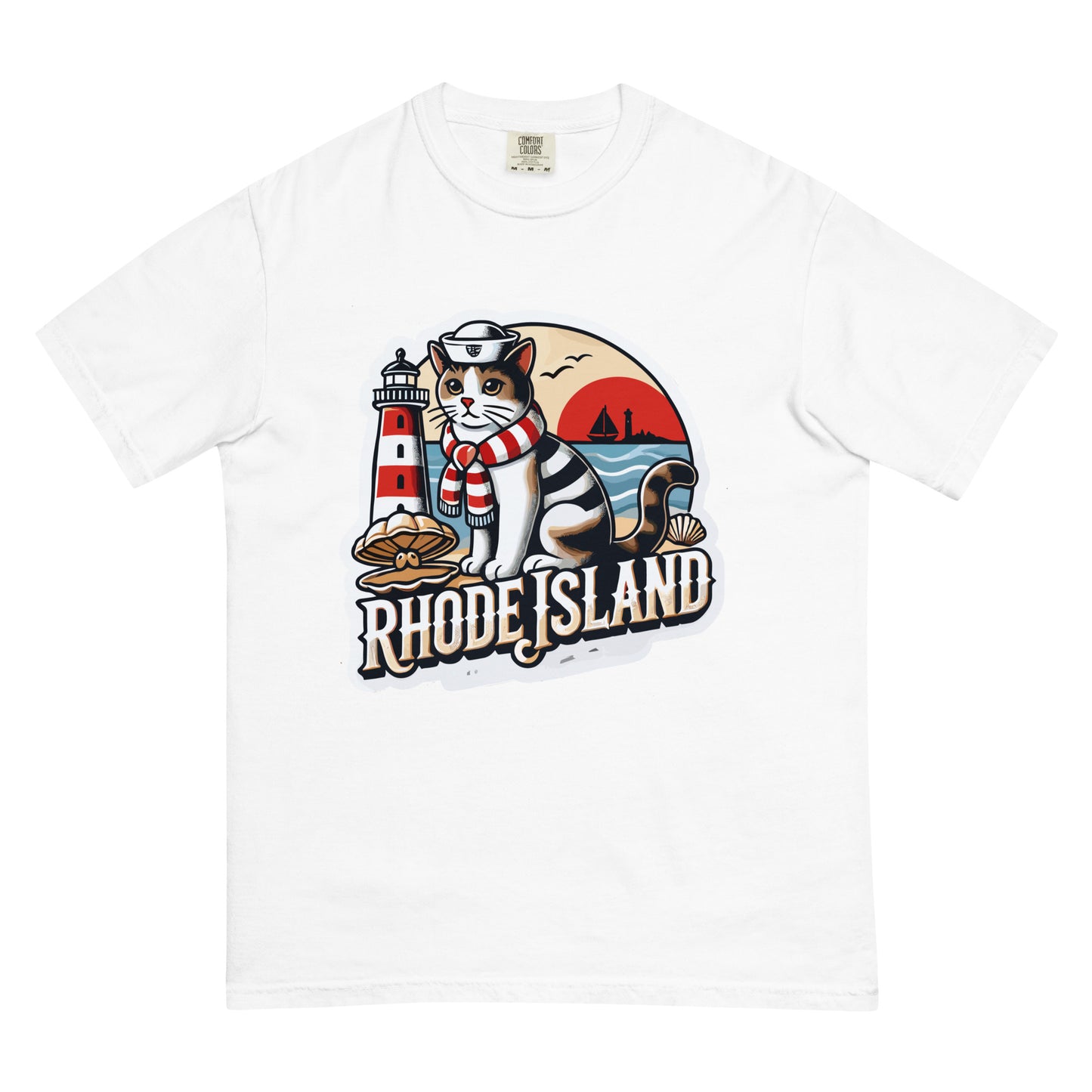 White Rhode Island cat t-shirt featuring a cat in sailor attire with lighthouse and ocean background