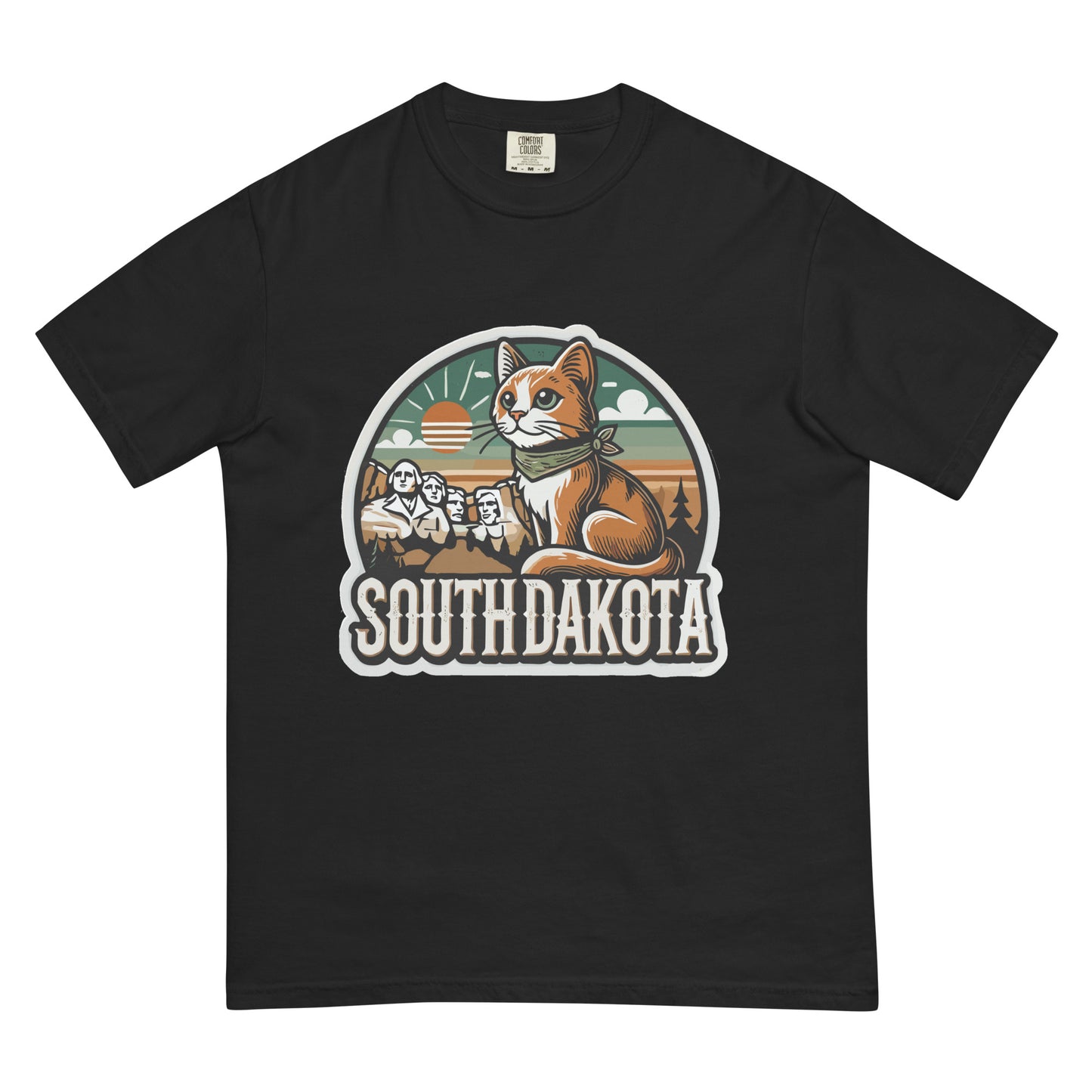 Black South Dakota cat t shirt with vintage style cat and Mount Rushmore graphic
