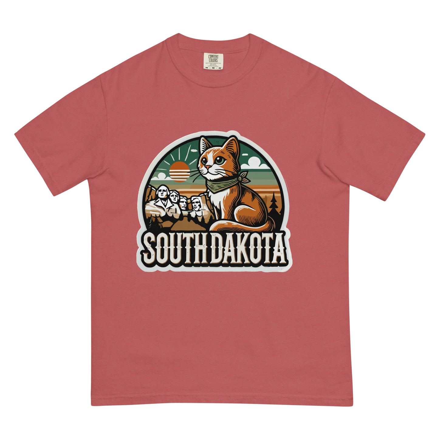 South Dakota cat t shirt in dusty rose color featuring cat and Mount Rushmore graphic