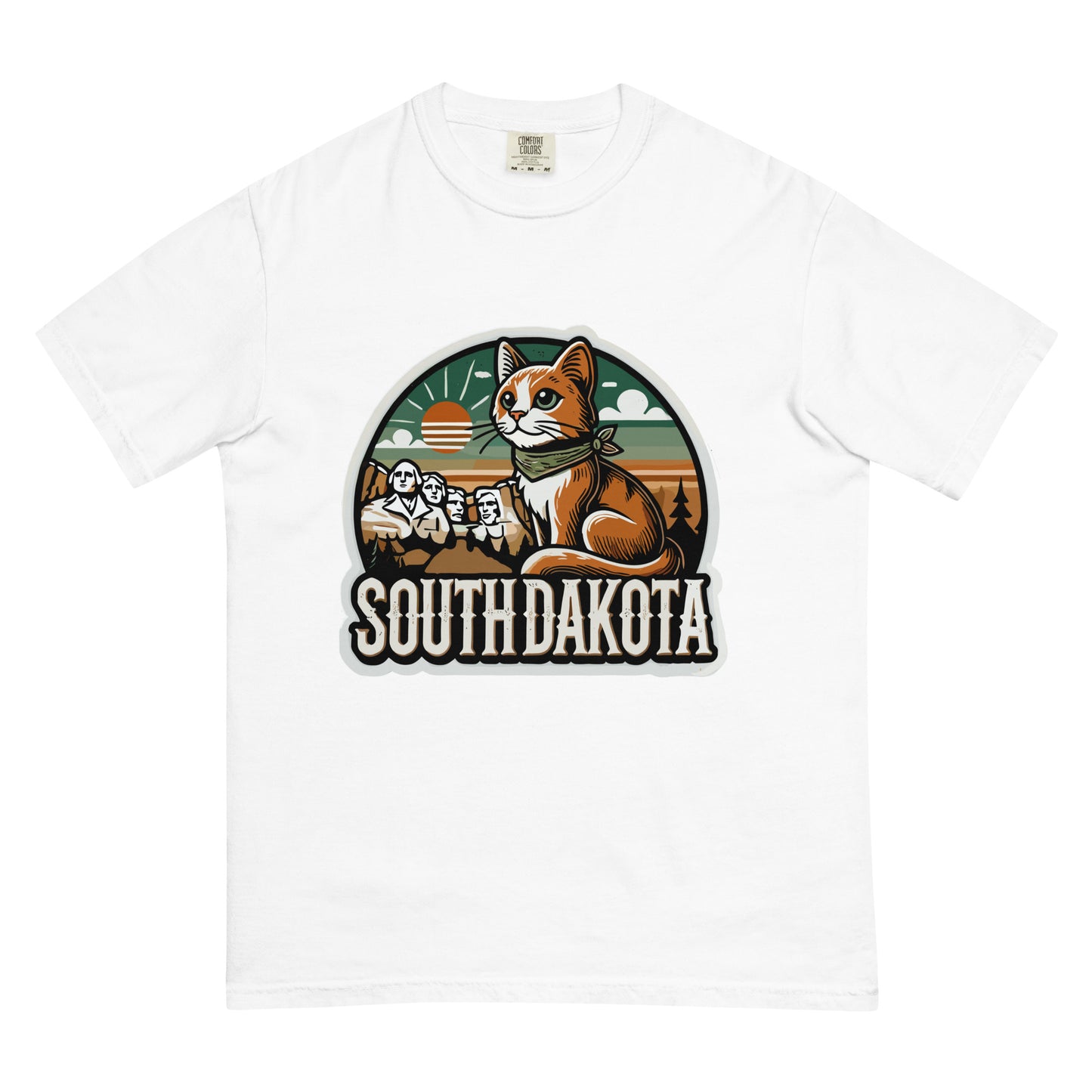 White South Dakota cat t shirt featuring a cat with Mount Rushmore and sunset background