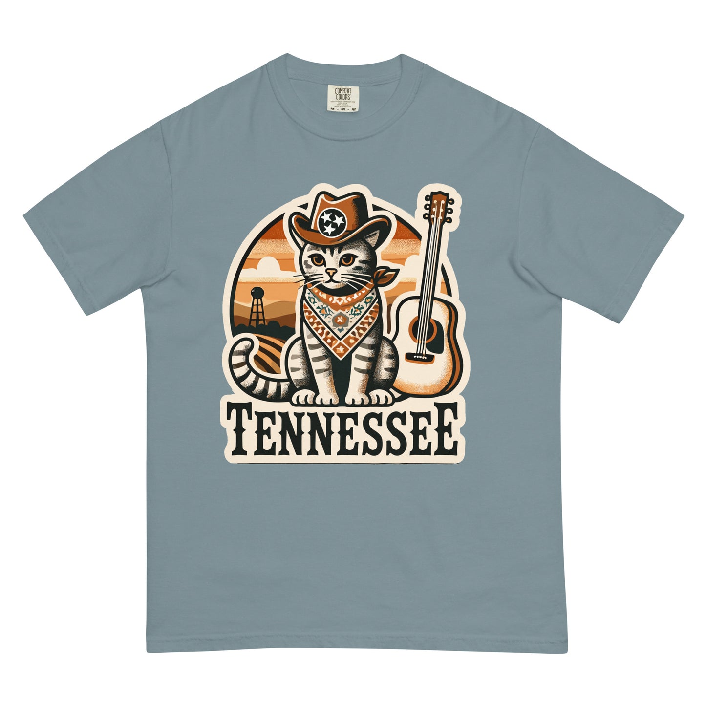 meowrica Tennessee cat shirt featuring a cat in cowboy hat and bandana with guitar graphic