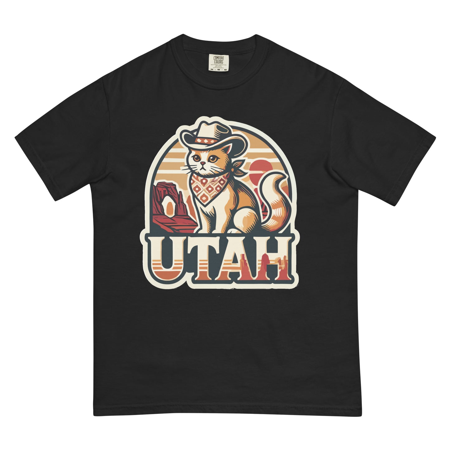 Black Utah cat t-shirt with cowboy cat graphic and desert background design