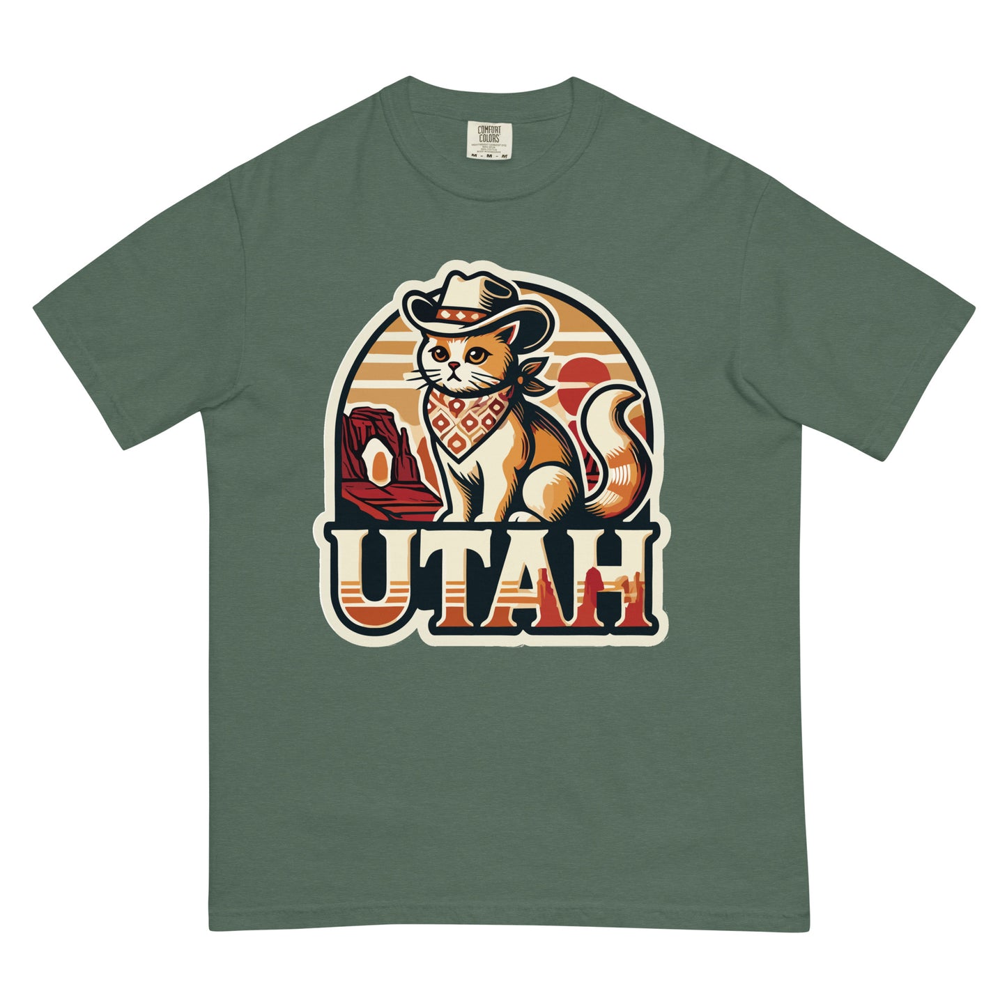 meowrica Utah cat t-shirt with cowboy cat and desert landscape graphic on green background
