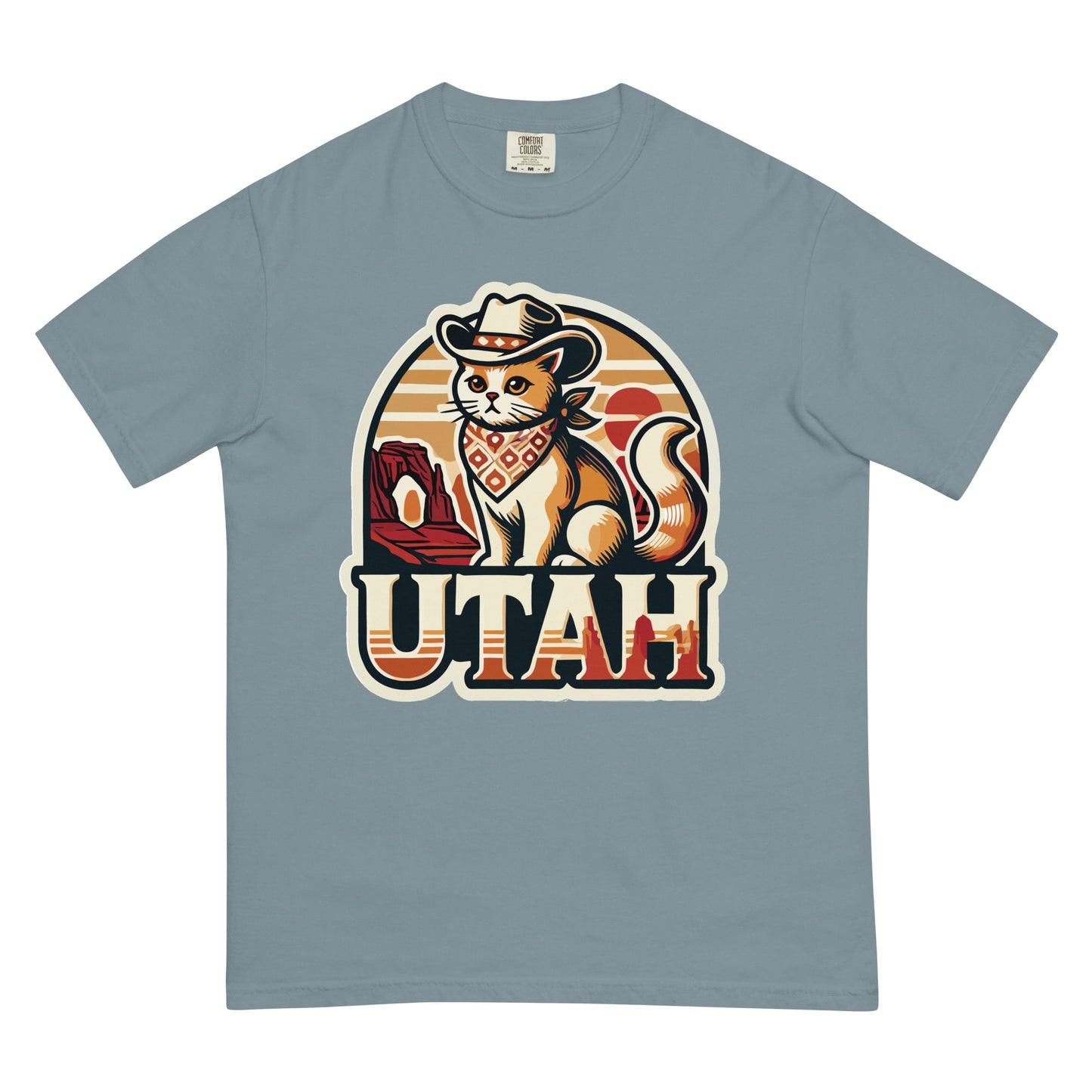 Blue Utah cat t-shirt featuring a cat in cowboy hat and bandana with Utah landscape design