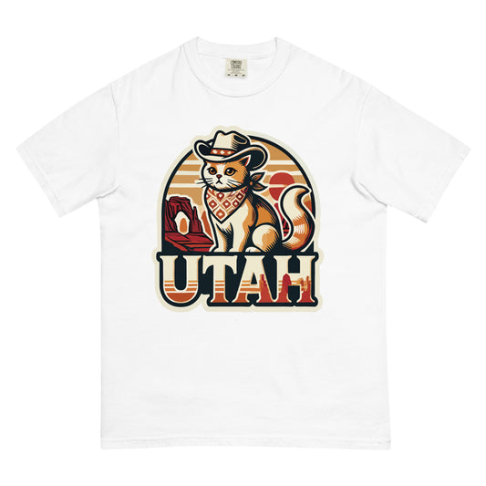 White Utah cat t-shirt featuring a cat wearing a cowboy hat and bandana with Utah landscape background