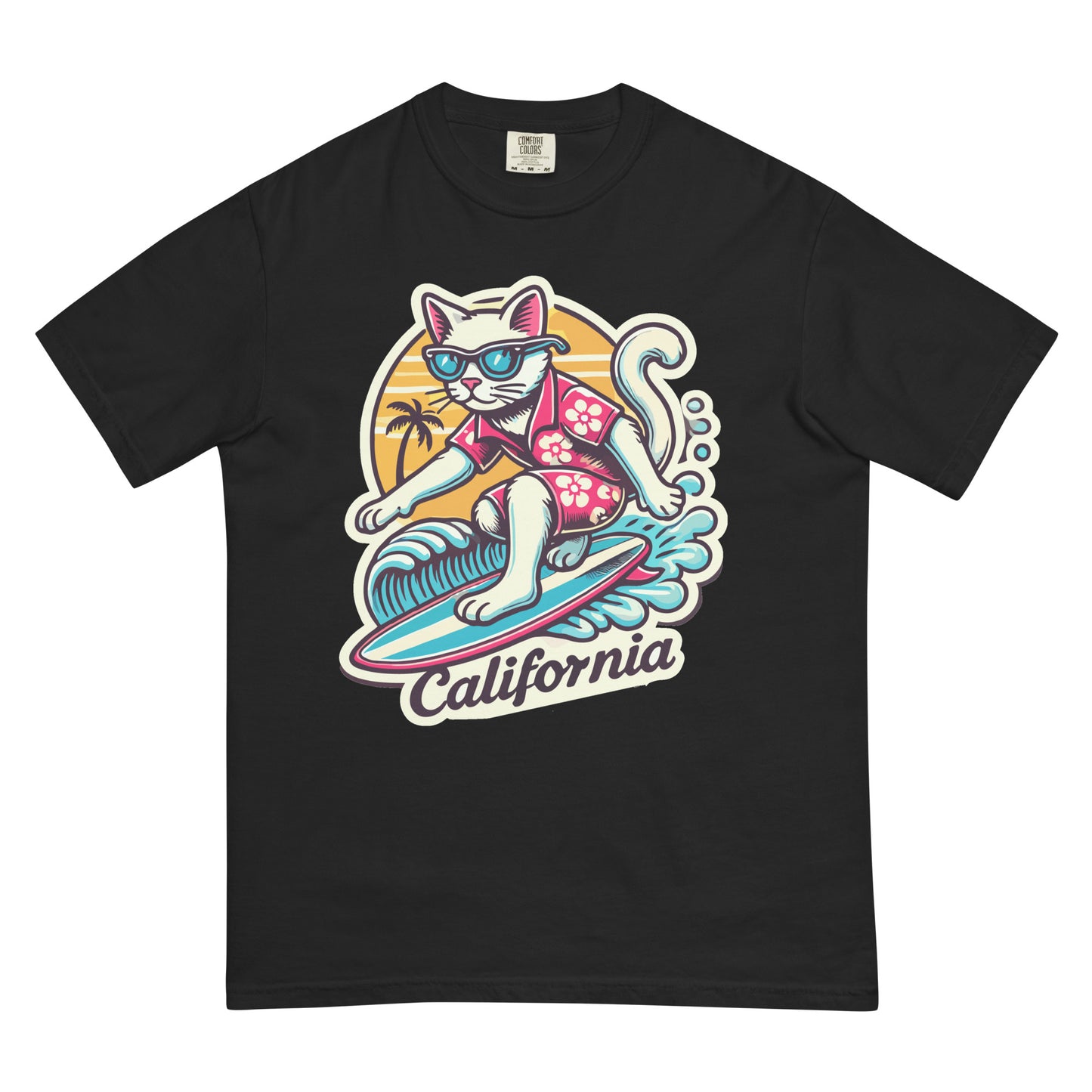 California cat t-shirt with surfing cat wearing sunglasses and Hawaiian shirt on black fabric