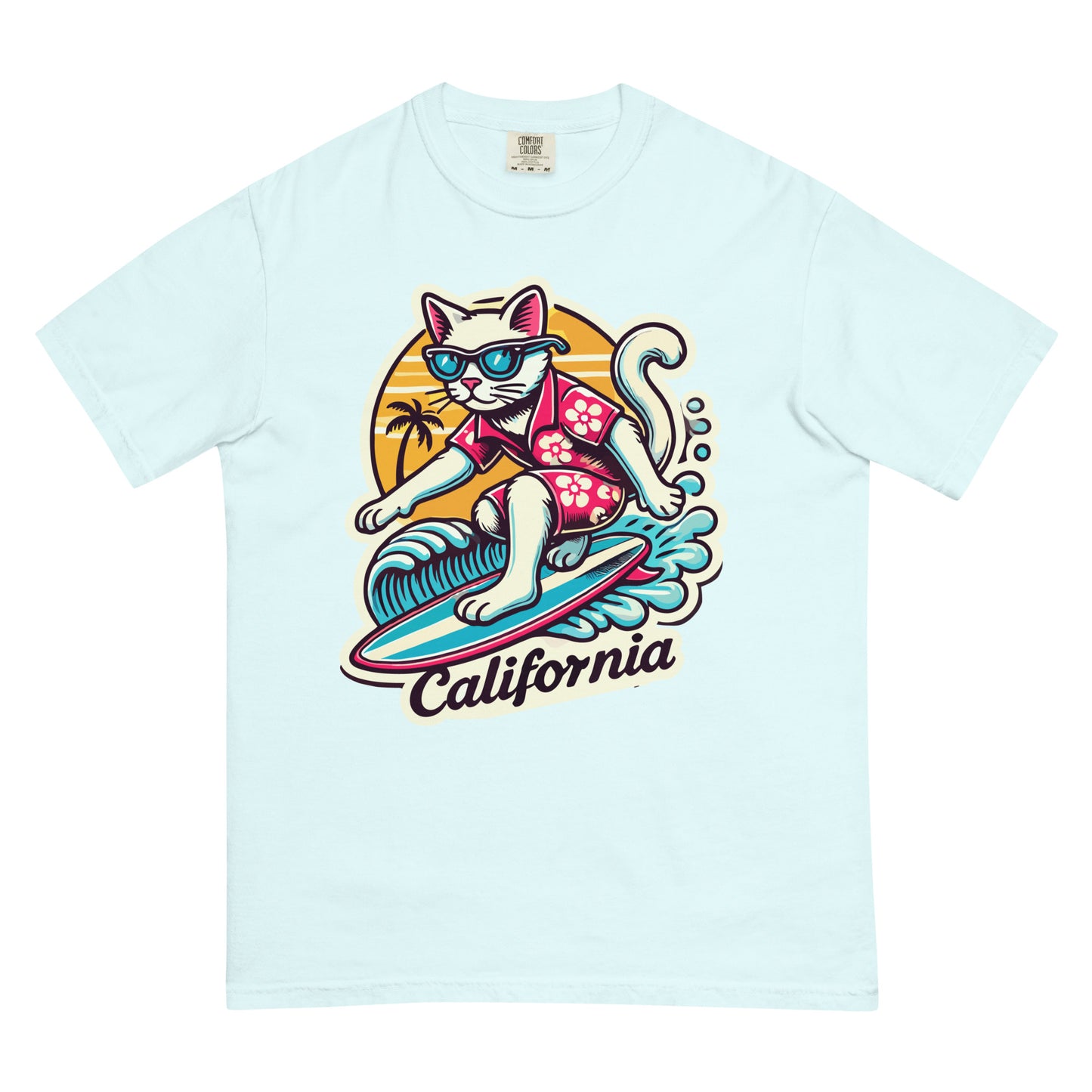 Light blue California cat t-shirt featuring a surfing cat wearing sunglasses and a floral shirt
