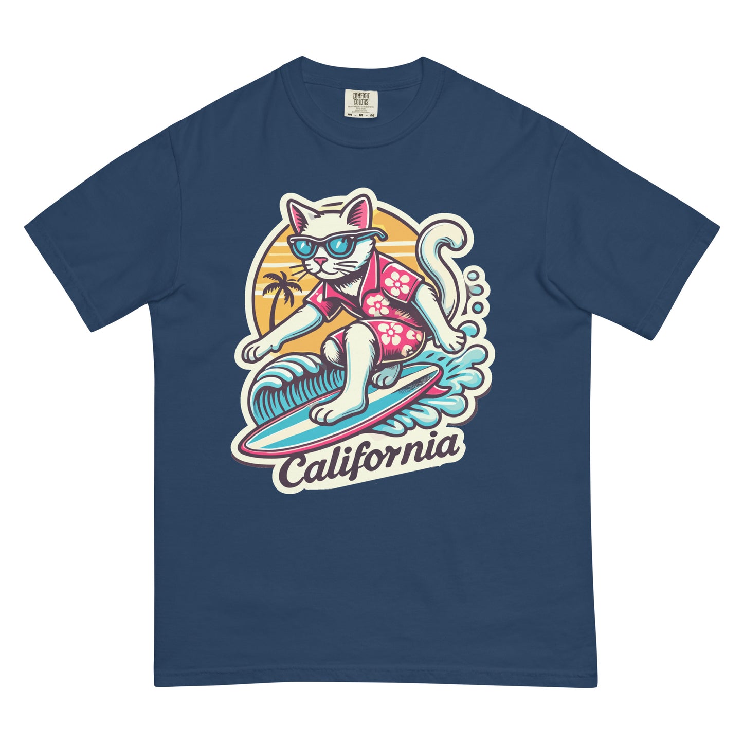 Blue California cat t-shirt with surfing cat wearing sunglasses and Hawaiian shirt design