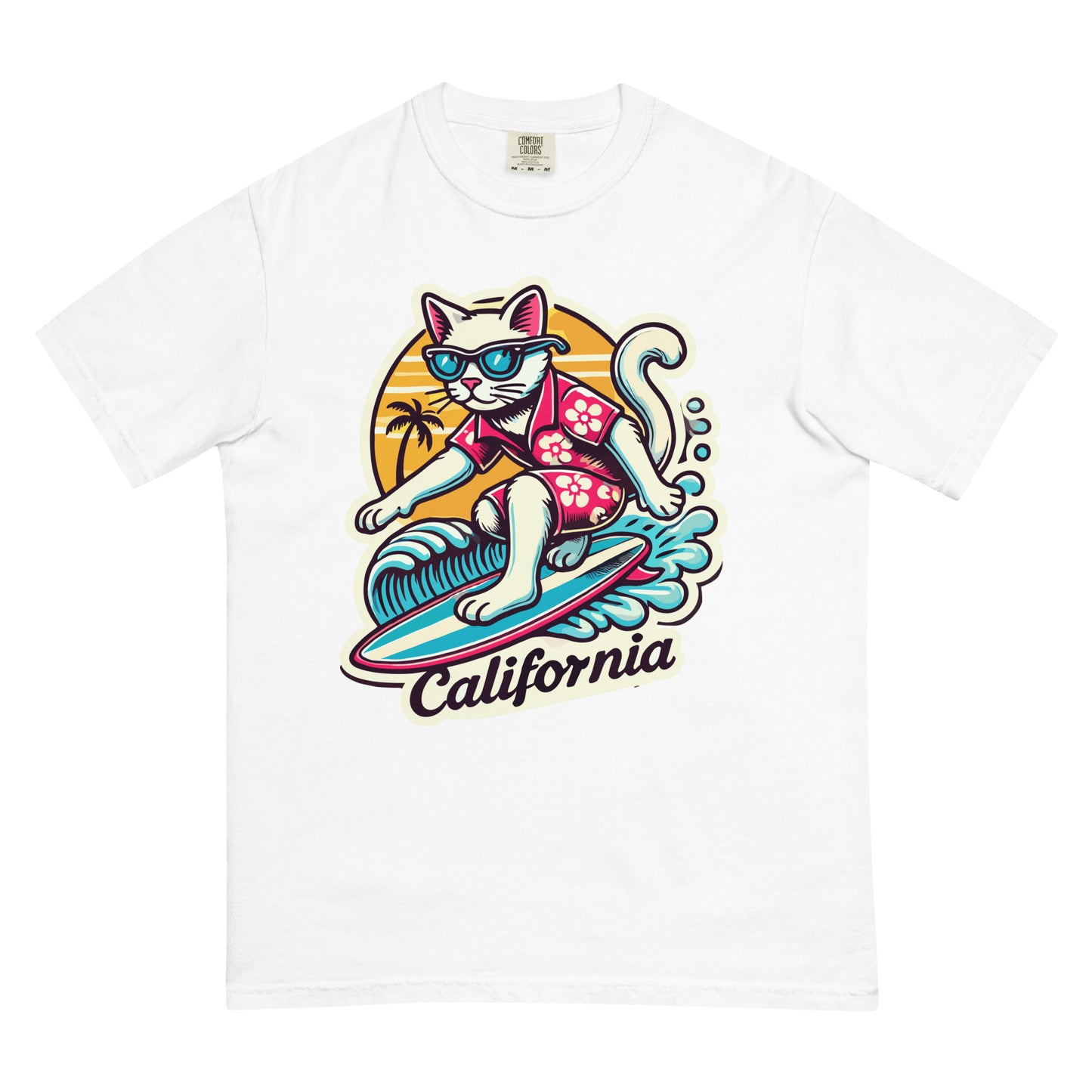 White California cat t-shirt featuring a surfing cat wearing sunglasses and a Hawaiian shirt