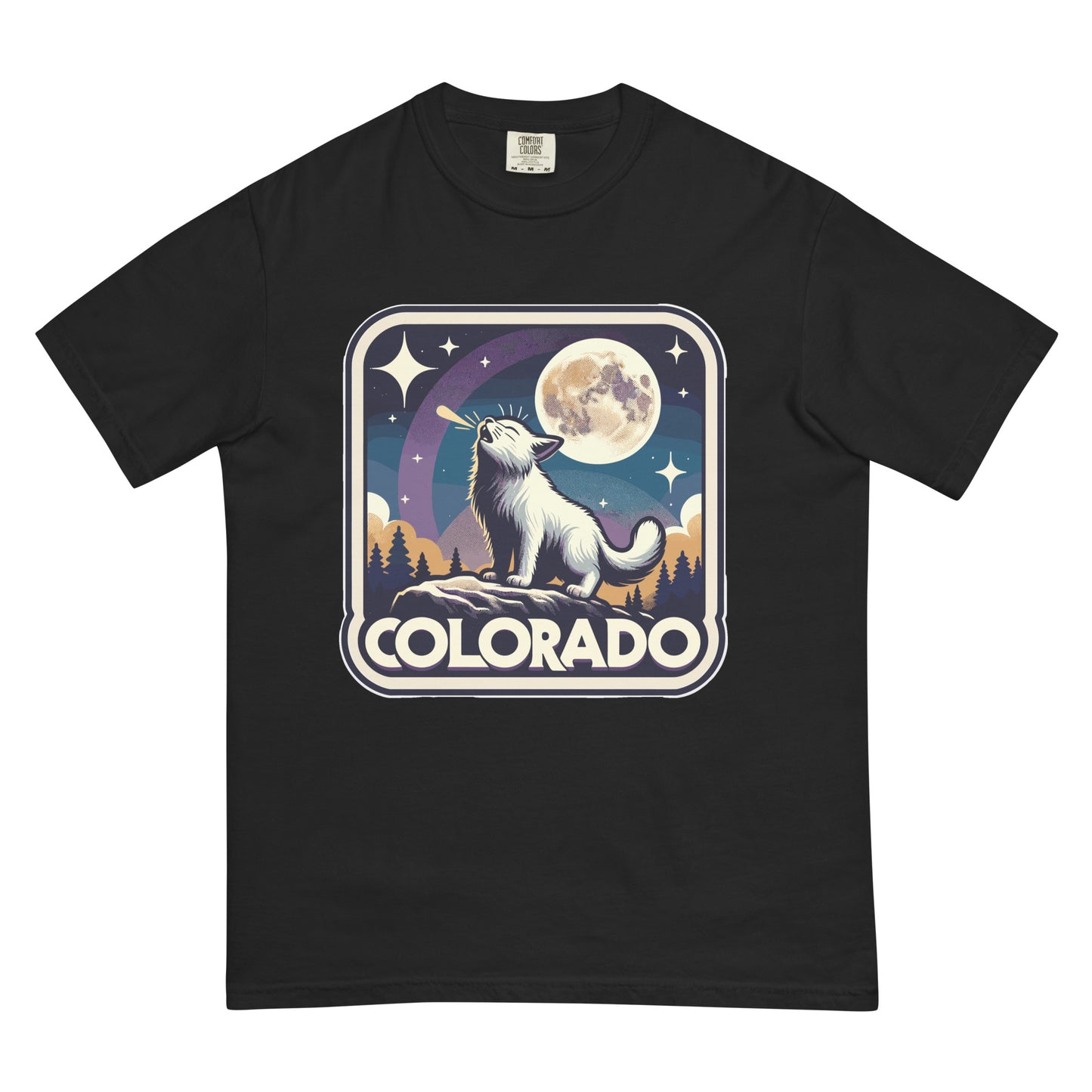 Black Colorado cat t-shirt with graphic of a white cat howling at the moon in a night forest