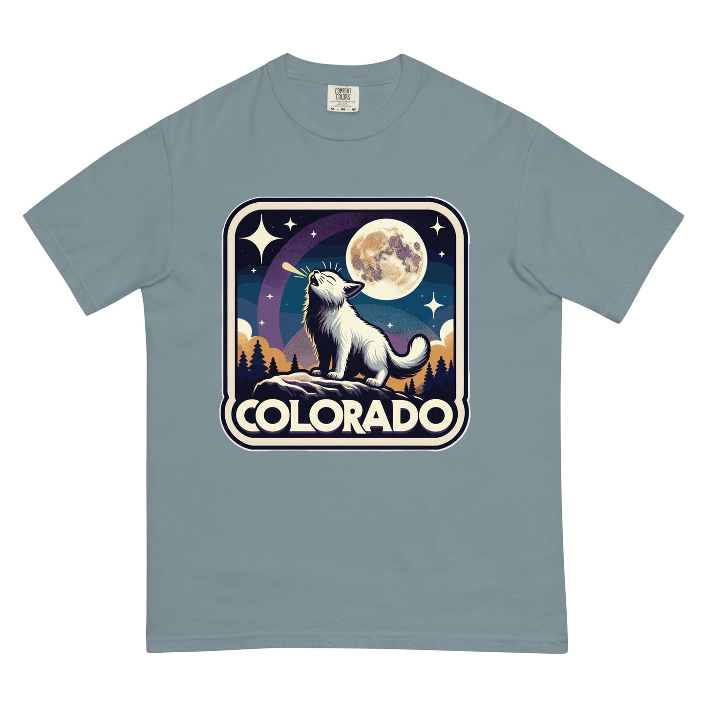 Colorado cat t-shirt featuring a white cat howling at the full moon with a starry night background