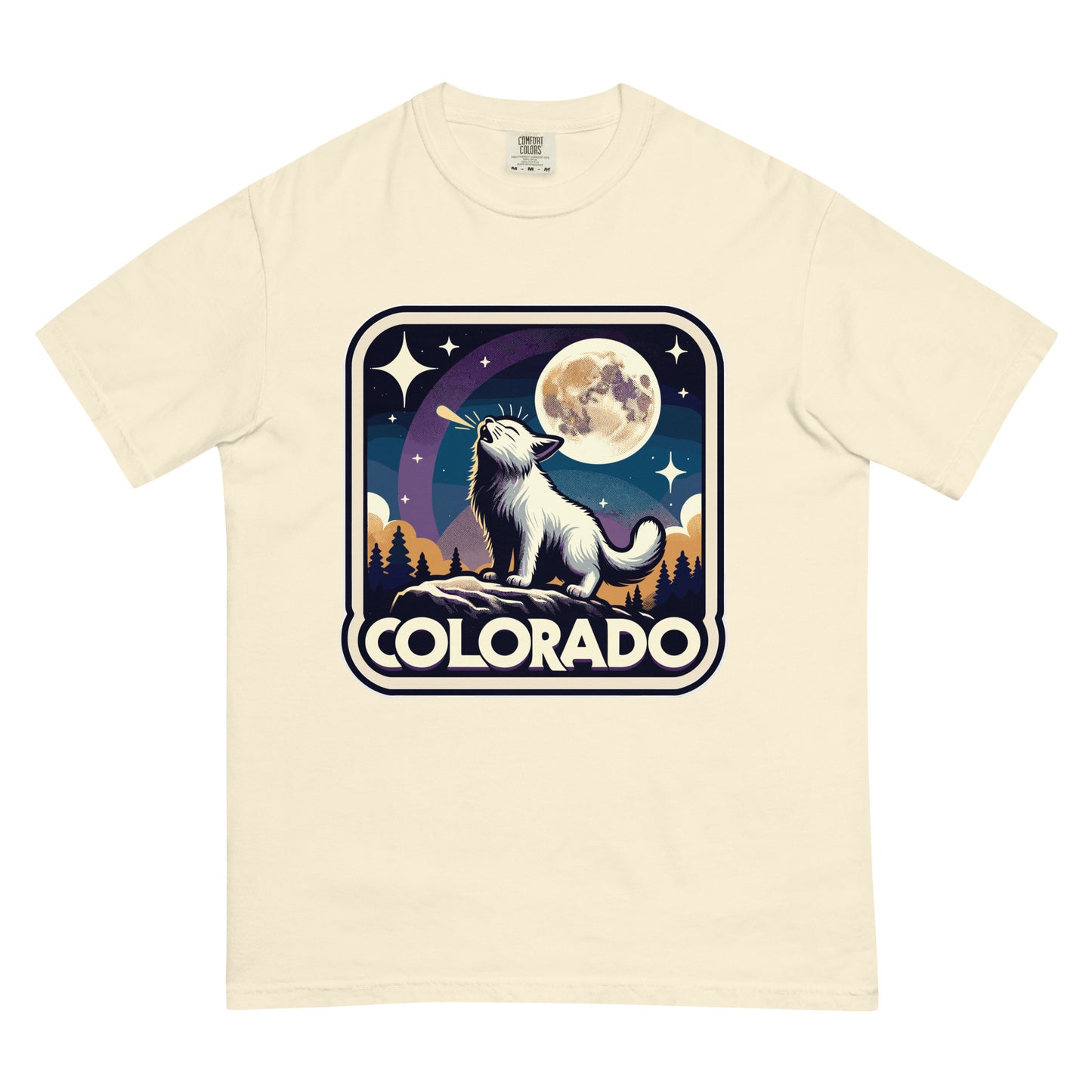 Cream Colorado cat t-shirt with graphic of a cat howling at the moon in a forest night scene