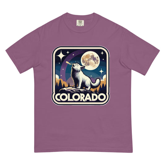 Purple Colorado cat t-shirt with graphic of a cat howling at the moon and stars in forest