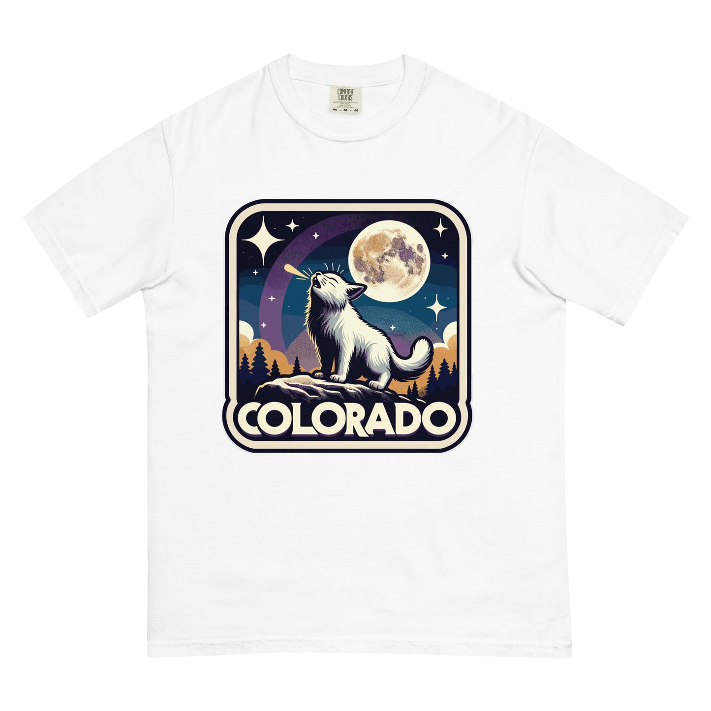 White Colorado cat t-shirt featuring a howling cat under a full moon with stars and forest background