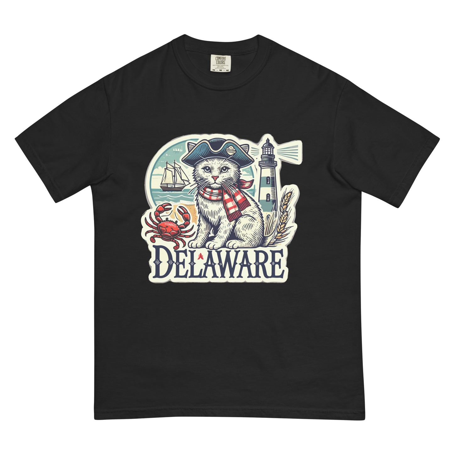 Black Delaware cat t-shirt featuring a cat in a pirate hat with lighthouse and crab design