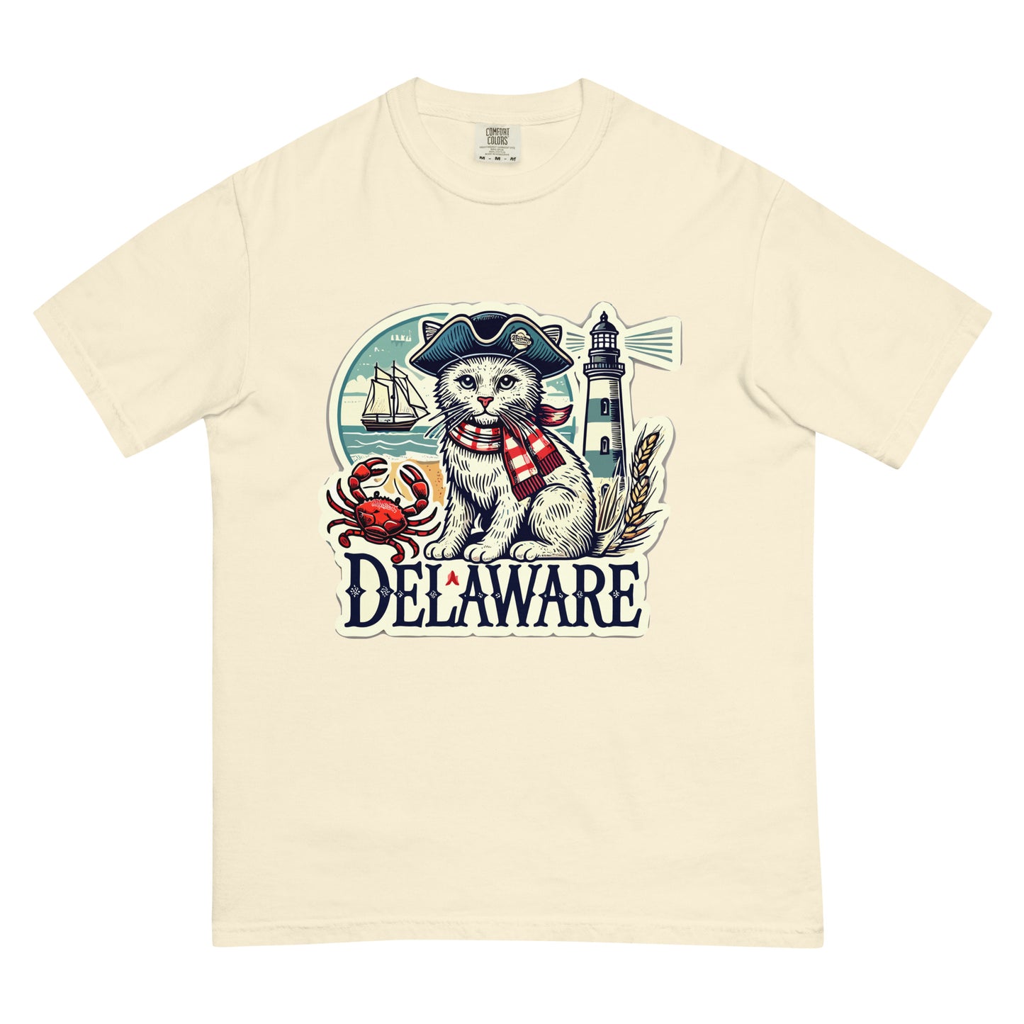 Beige Delaware cat t-shirt featuring a cat in a pirate hat with a crab lighthouse and ship design