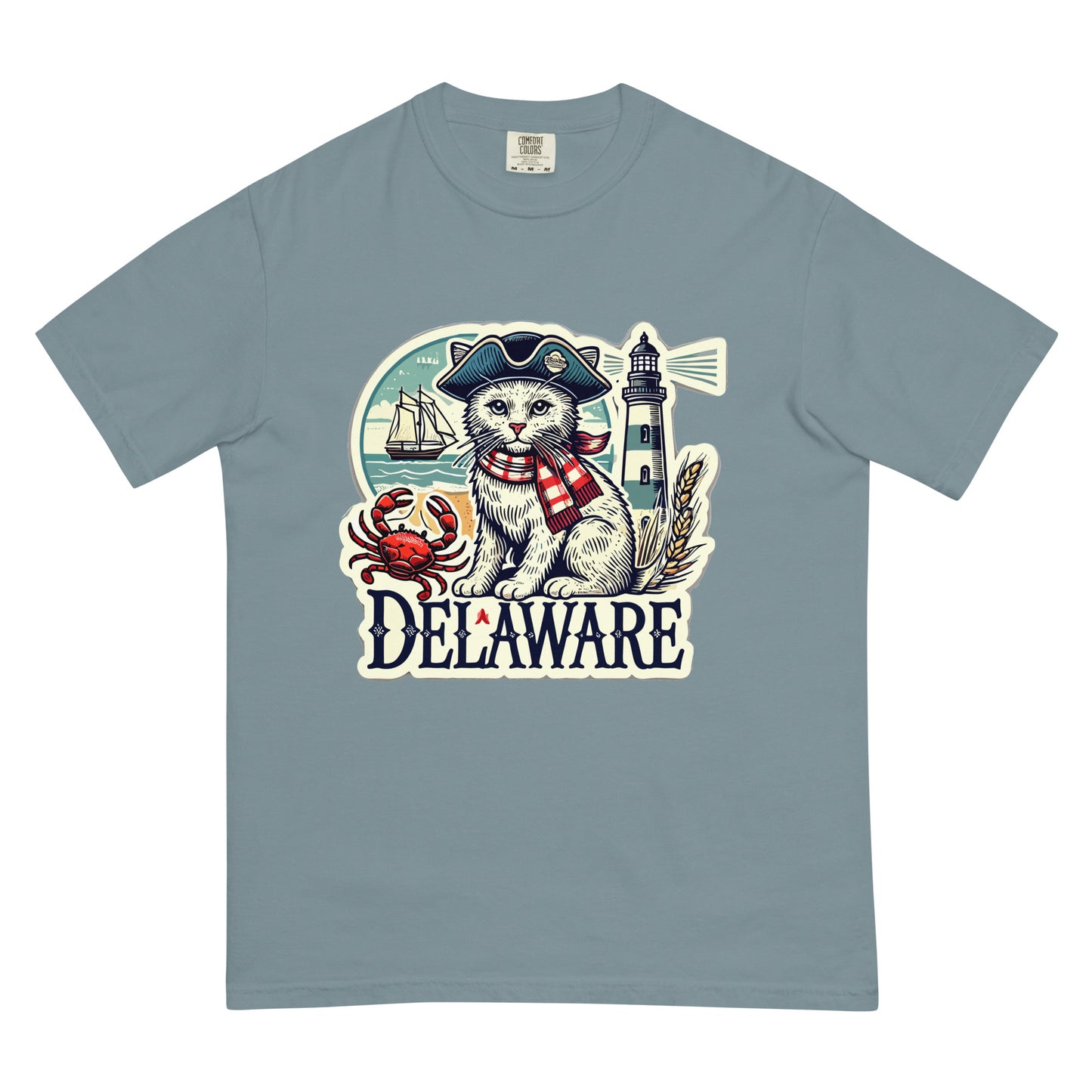 Meowrica Delaware cat t-shirt featuring a cat in a pirate hat with lighthouse and crab design