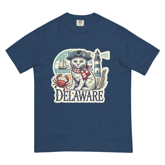 Navy blue Delaware cat t-shirt featuring a cat in a pirate hat with a crab, lighthouse, and ship design