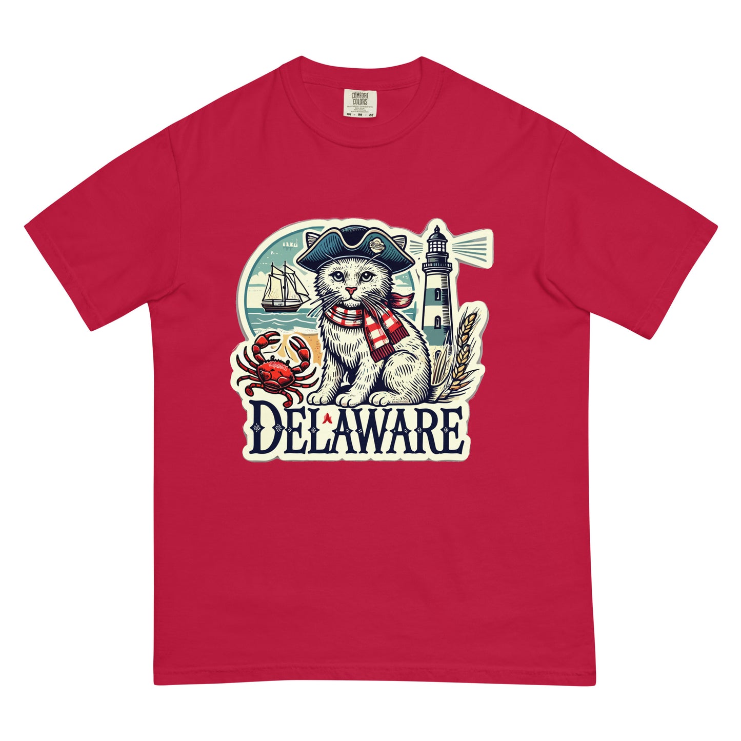 Red Delaware cat t-shirt featuring a cat in a pirate hat with lighthouse and crab design