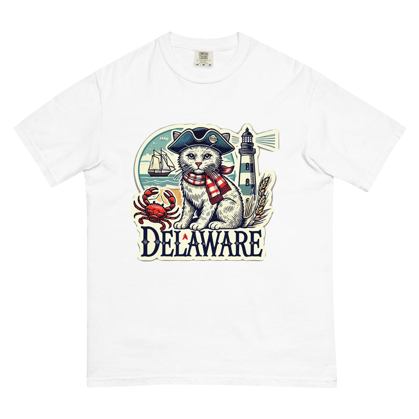 White Delaware cat t-shirt featuring a cat in a hat, lighthouse, ship, crab, and Delaware text graphic