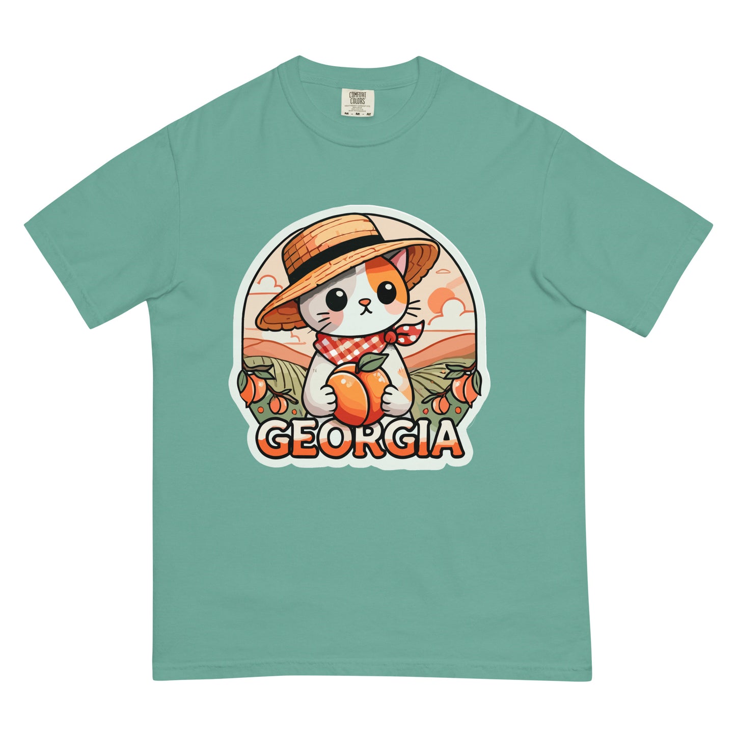 Georgia cat t-shirt featuring a cute cat with a straw hat holding peaches on a green background