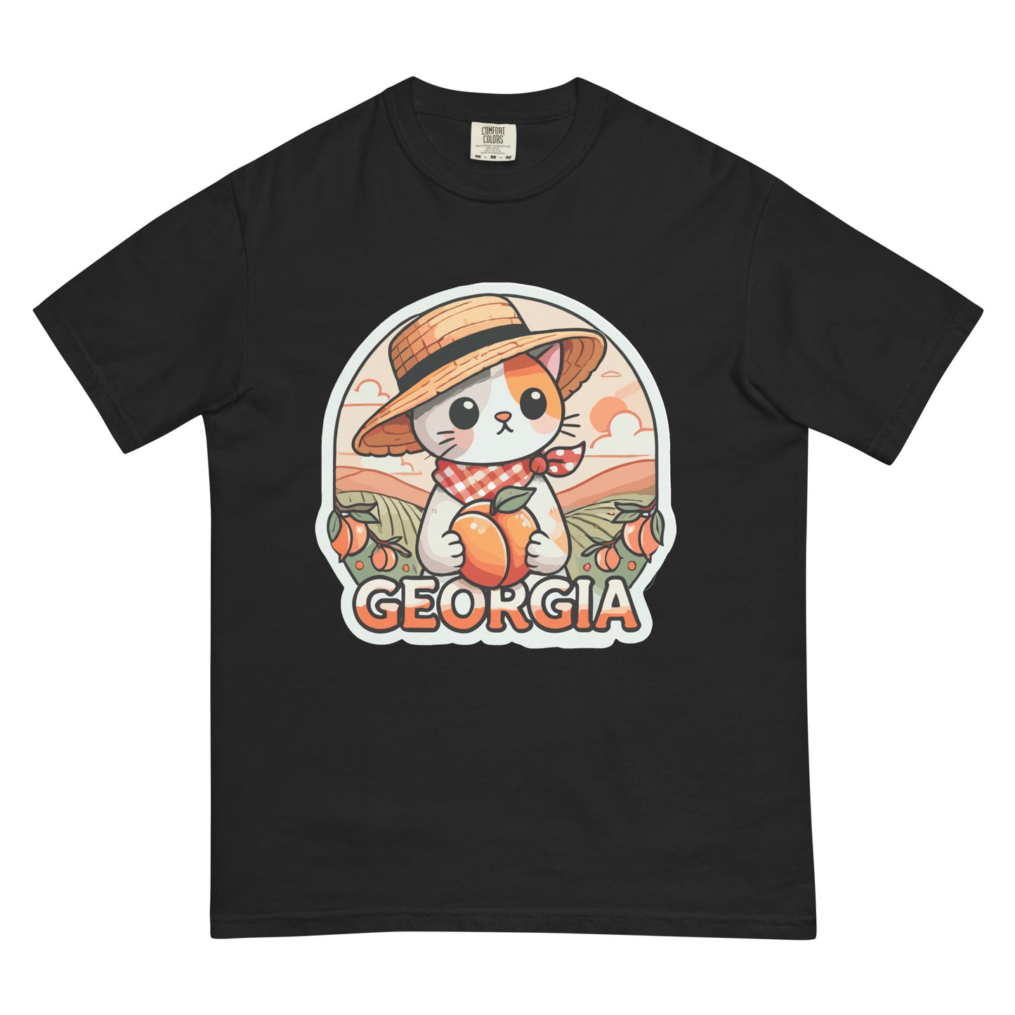 Black Georgia cat t-shirt with cute kitten wearing straw hat holding a peach graphic