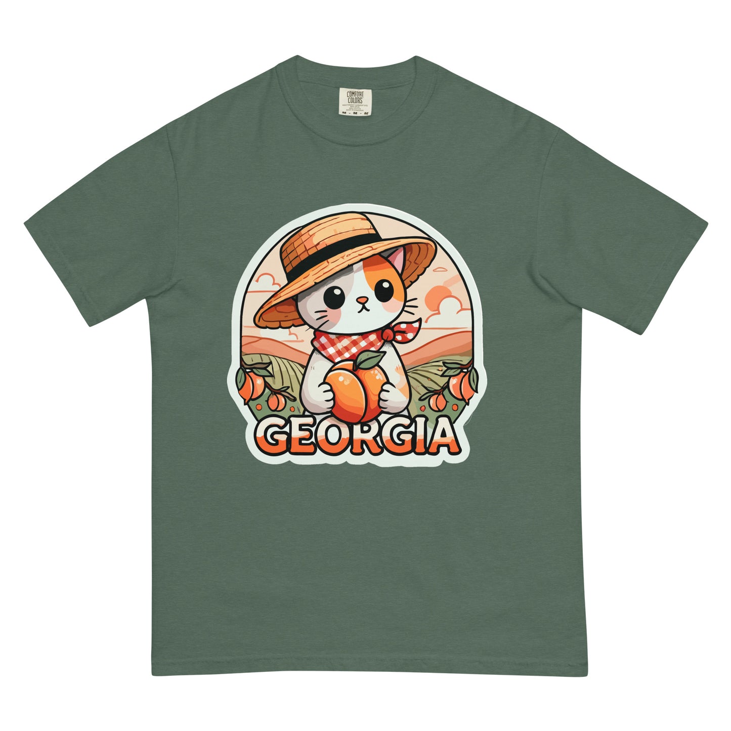 Georgia cat t-shirt with cute cat holding a peach and wearing a straw hat on green background