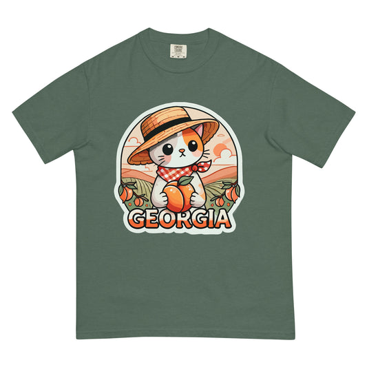Georgia cat t-shirt with cute cat holding a peach and wearing a straw hat on green background