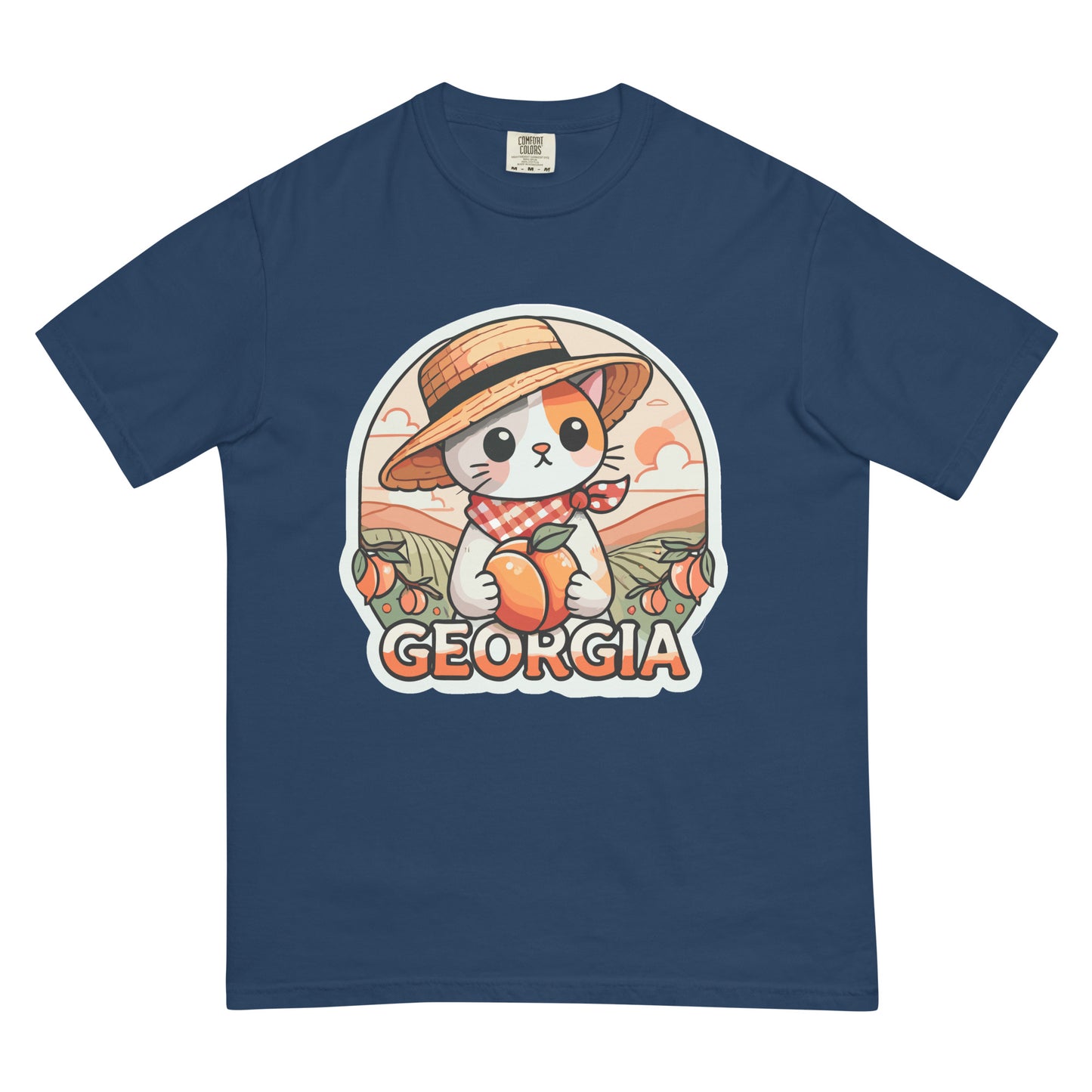 Navy blue Georgia cat t-shirt featuring a cute cat with a hat holding a peach illustration