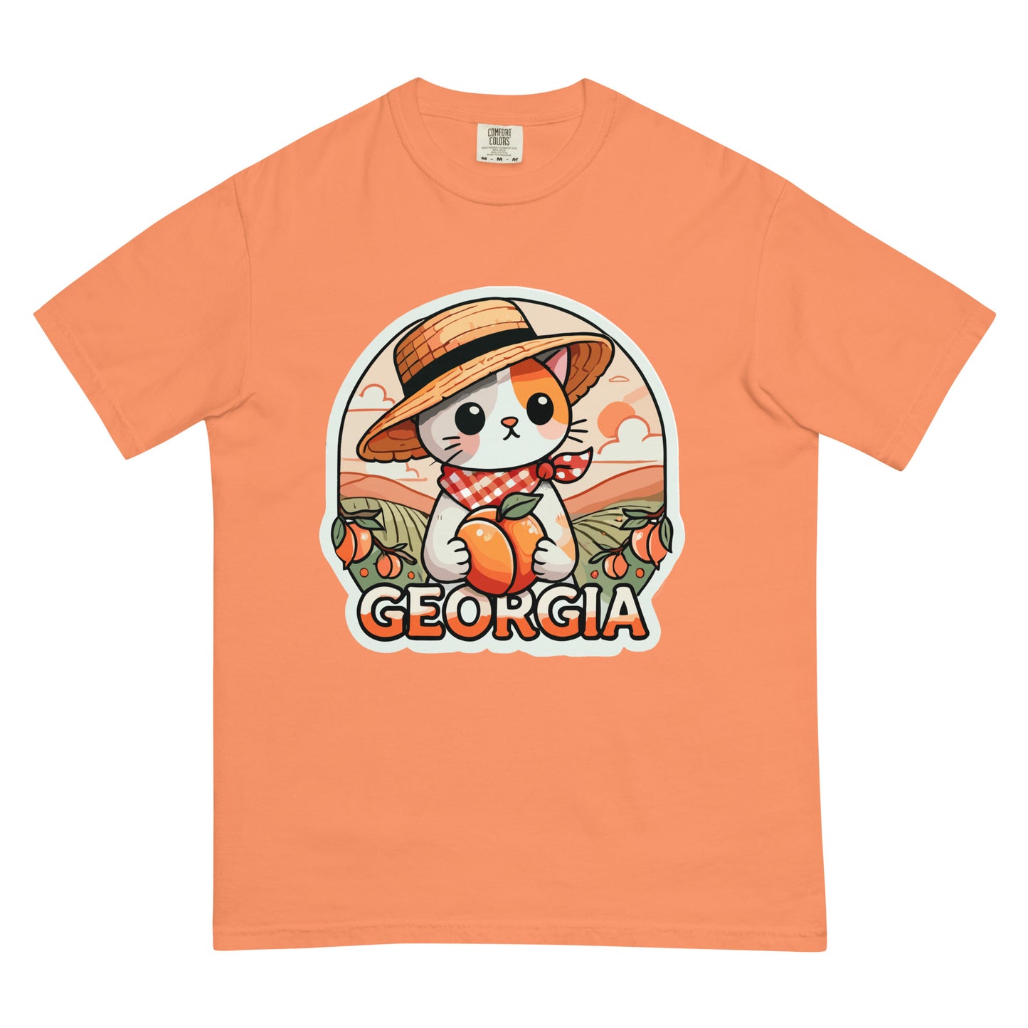 Georgia cat t-shirt in orange with cute kitten holding peaches and wearing straw hat