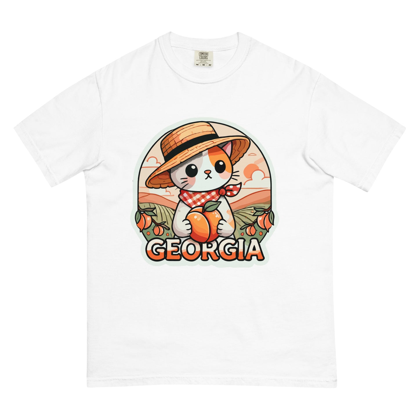 White Georgia cat t-shirt with cute cat wearing a straw hat holding a peach and Georgia text
