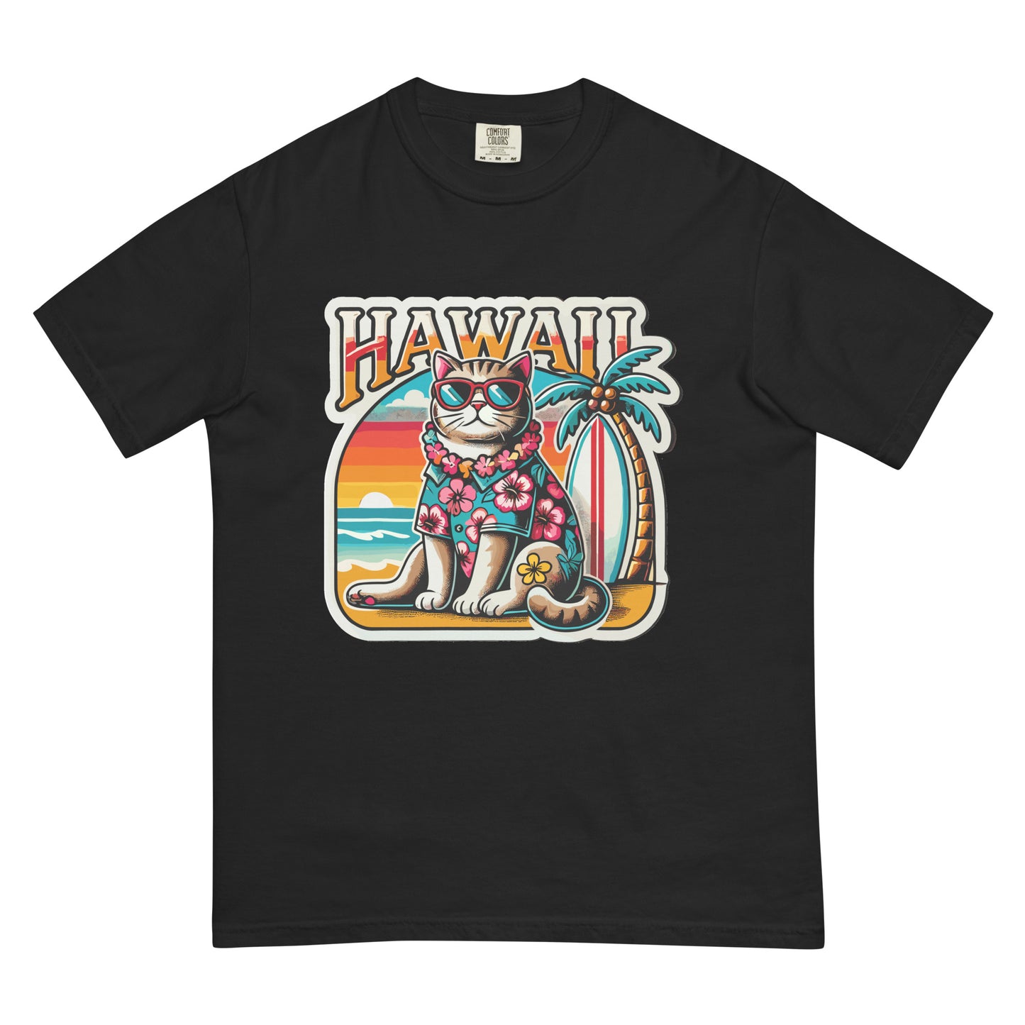 Black Hawaii cat t-shirt featuring a cool cat in sunglasses with a tropical background