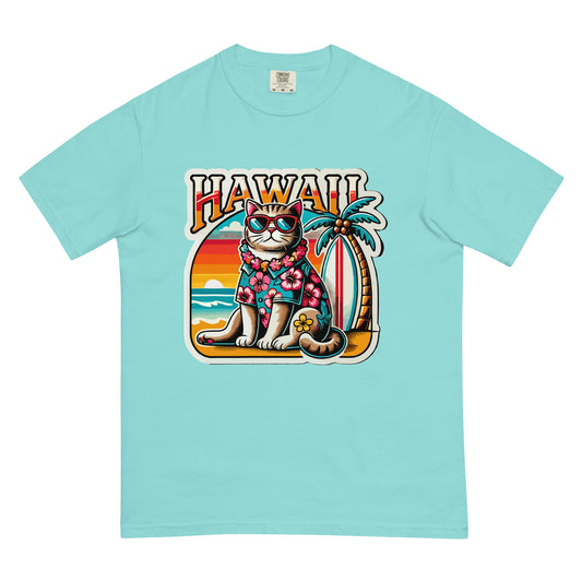 Light blue Hawaii cat t-shirt featuring a cat in sunglasses and Hawaiian shirt with palm tree and sunset