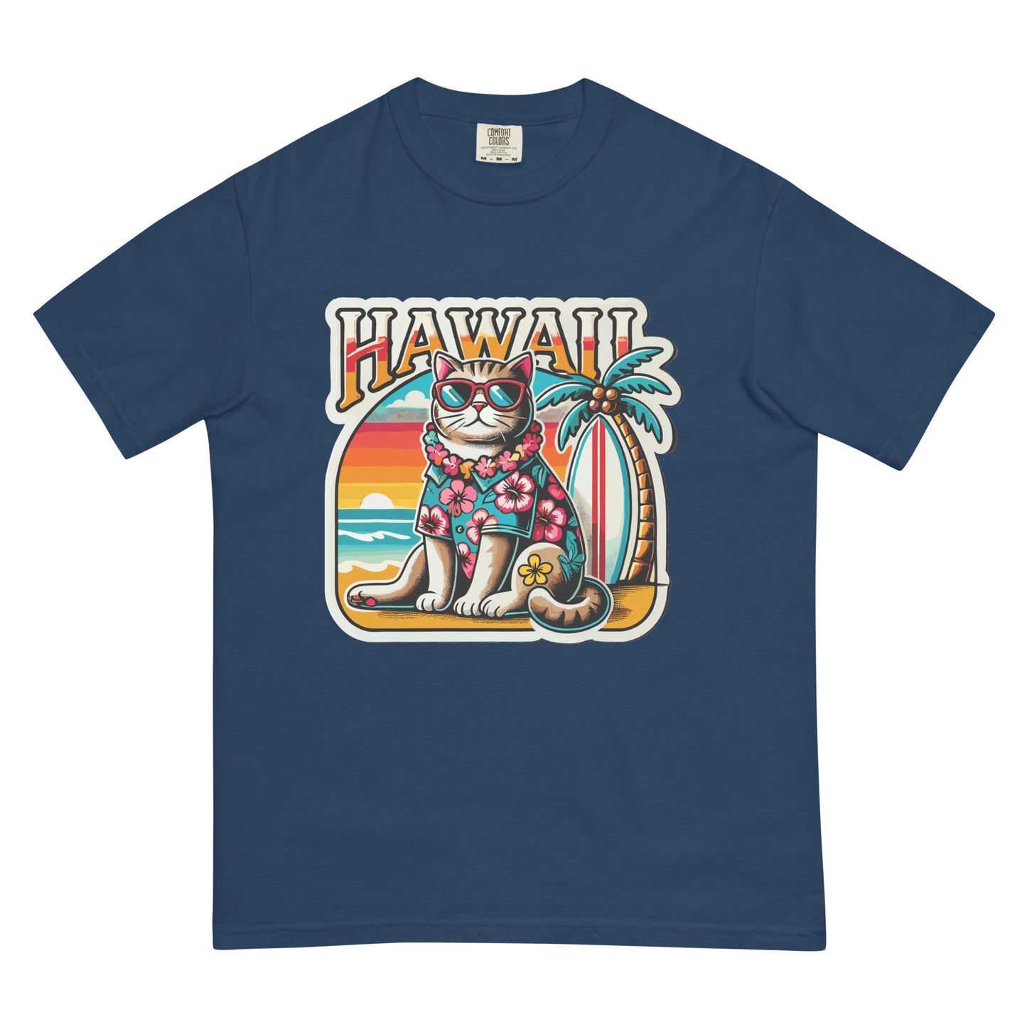 Meowrica Hawaii cat t-shirt in navy blue featuring a cat wearing sunglasses and a floral shirt with a beach background