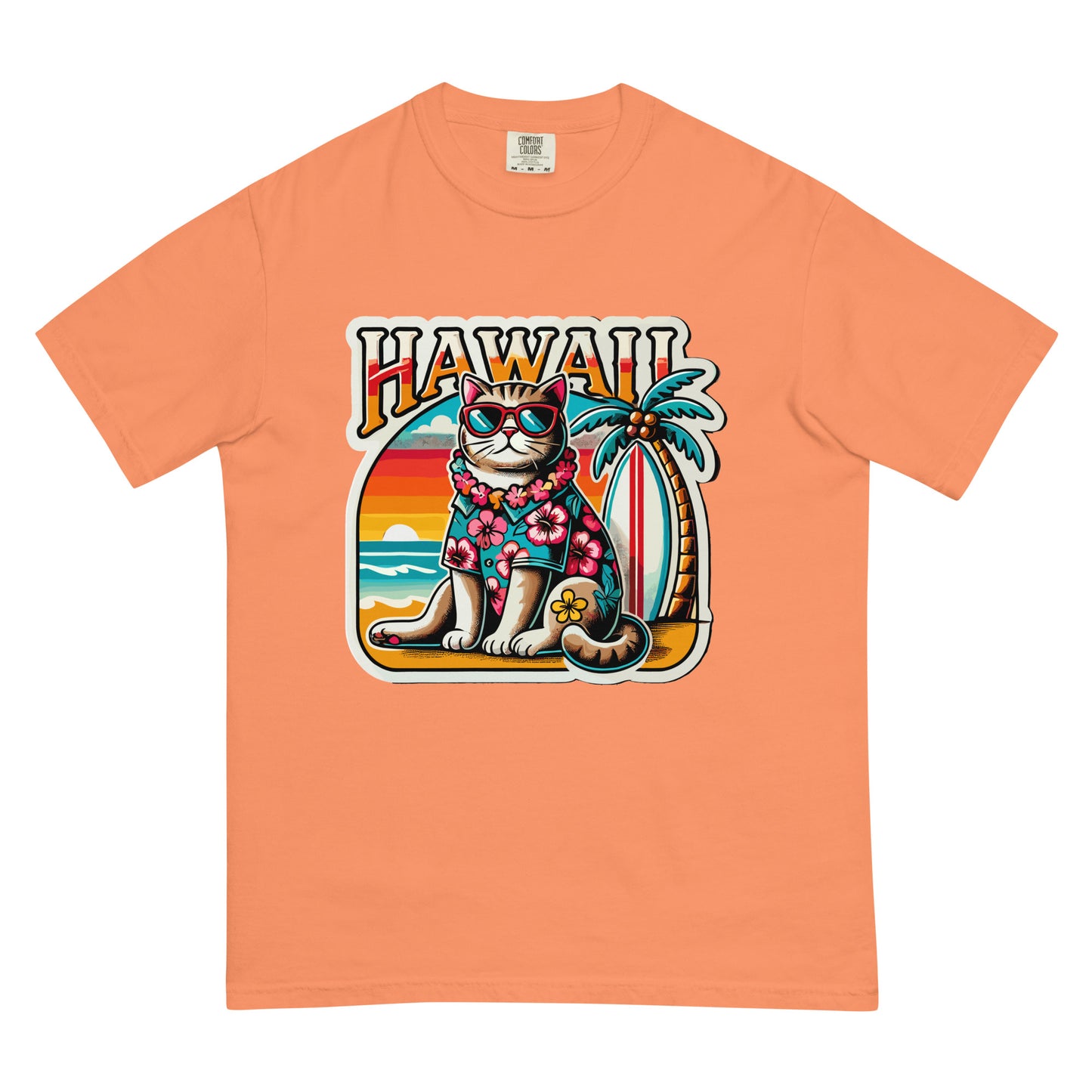 Orange Hawaii cat t-shirt featuring a cat in sunglasses and a floral shirt with a palm tree and sunset