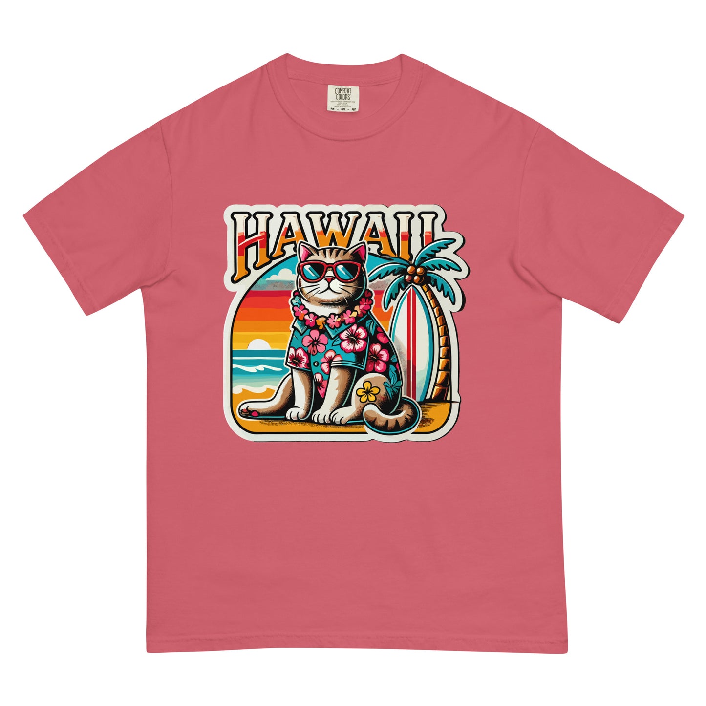 Pink Hawaii cat t-shirt featuring a cat in sunglasses and a floral shirt with a palm tree and sunset