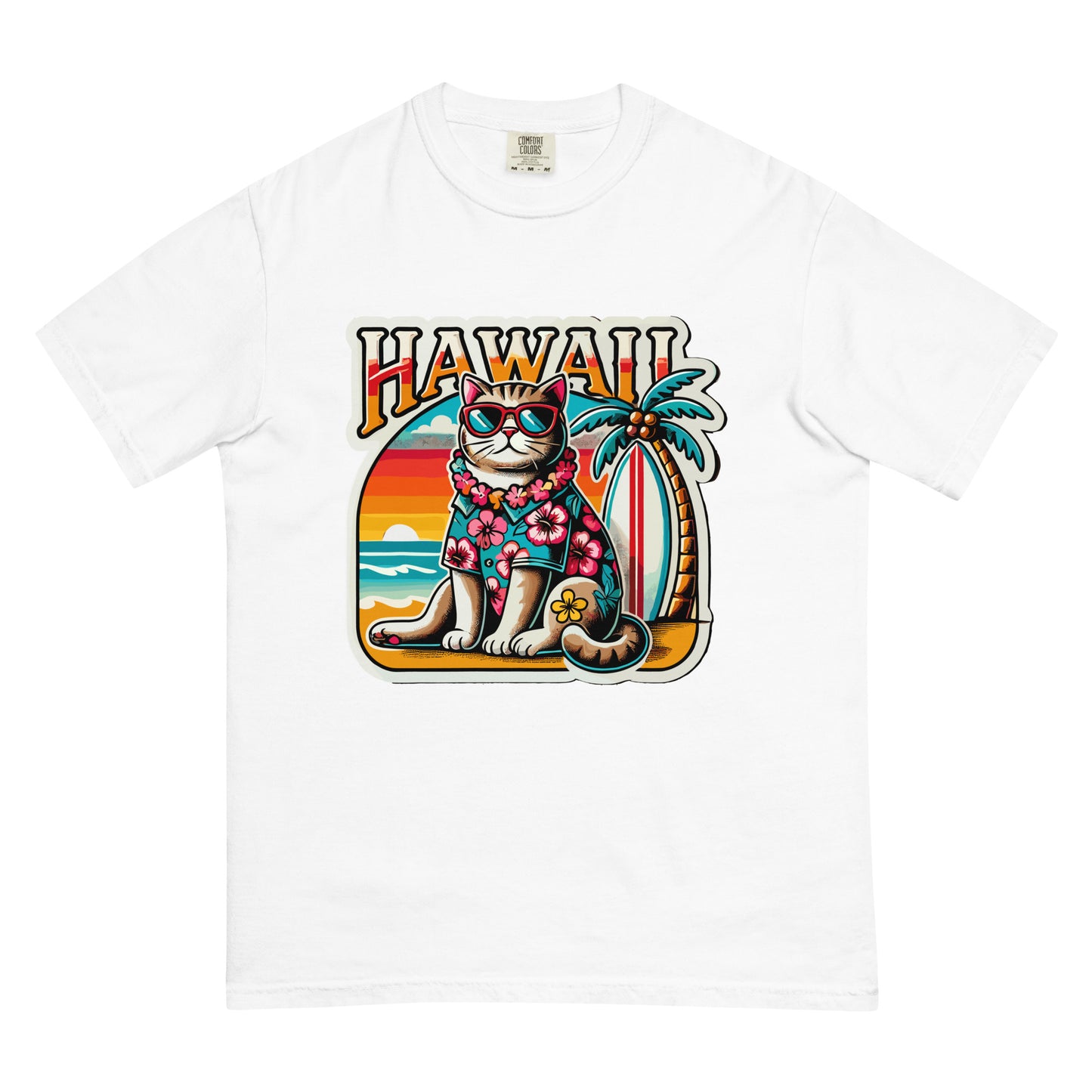 White Hawaii cat t-shirt with colorful cat in sunglasses and floral shirt by a palm tree and ocean sunset