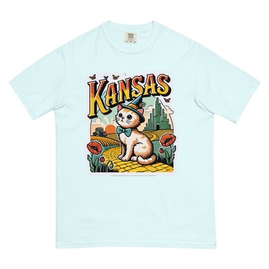 Light blue Kansas cat t-shirt featuring a cute cat with a bow tie and Kansas themed vintage design