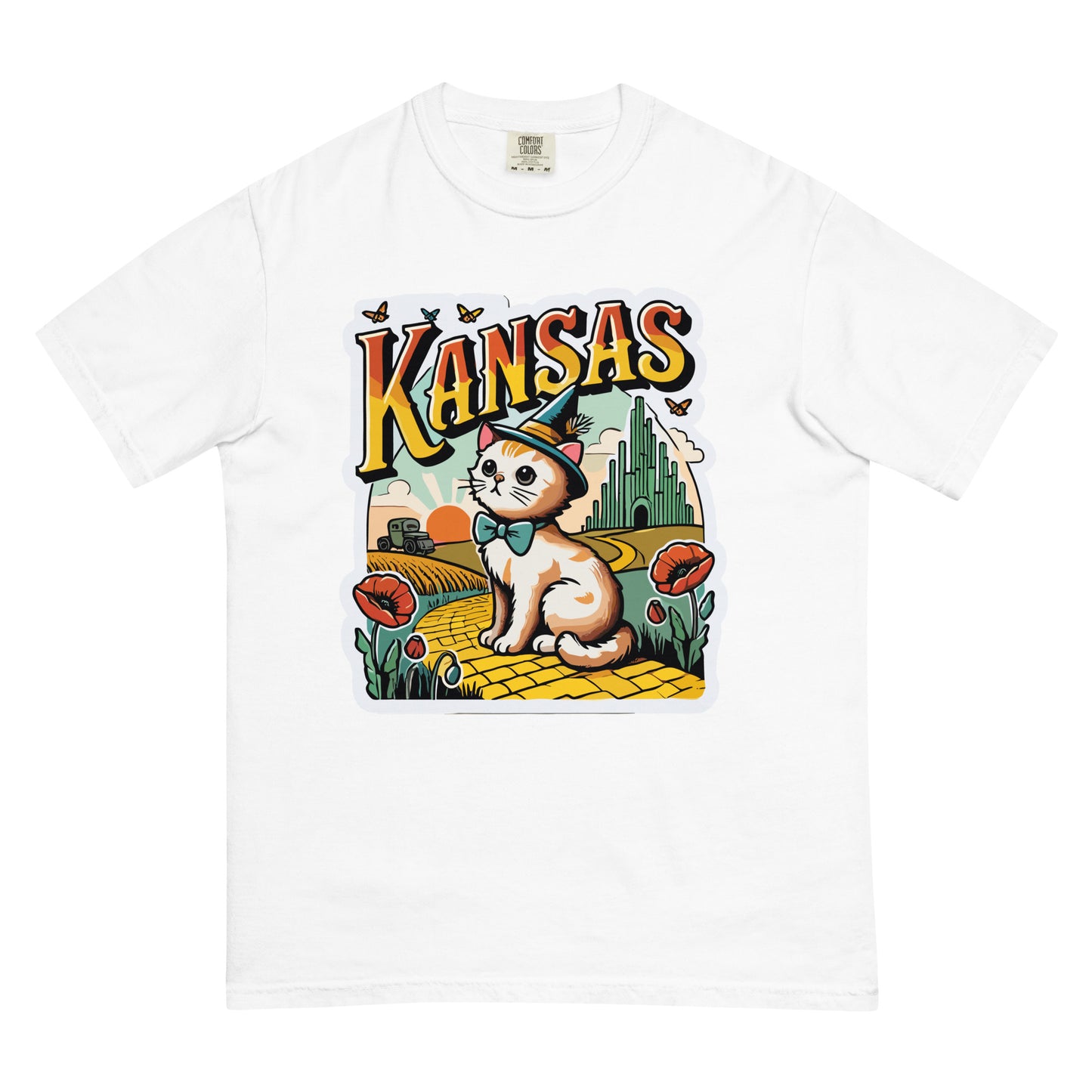 White Kansas cat t-shirt featuring a cute cat with bow tie and Kansas-themed colorful design