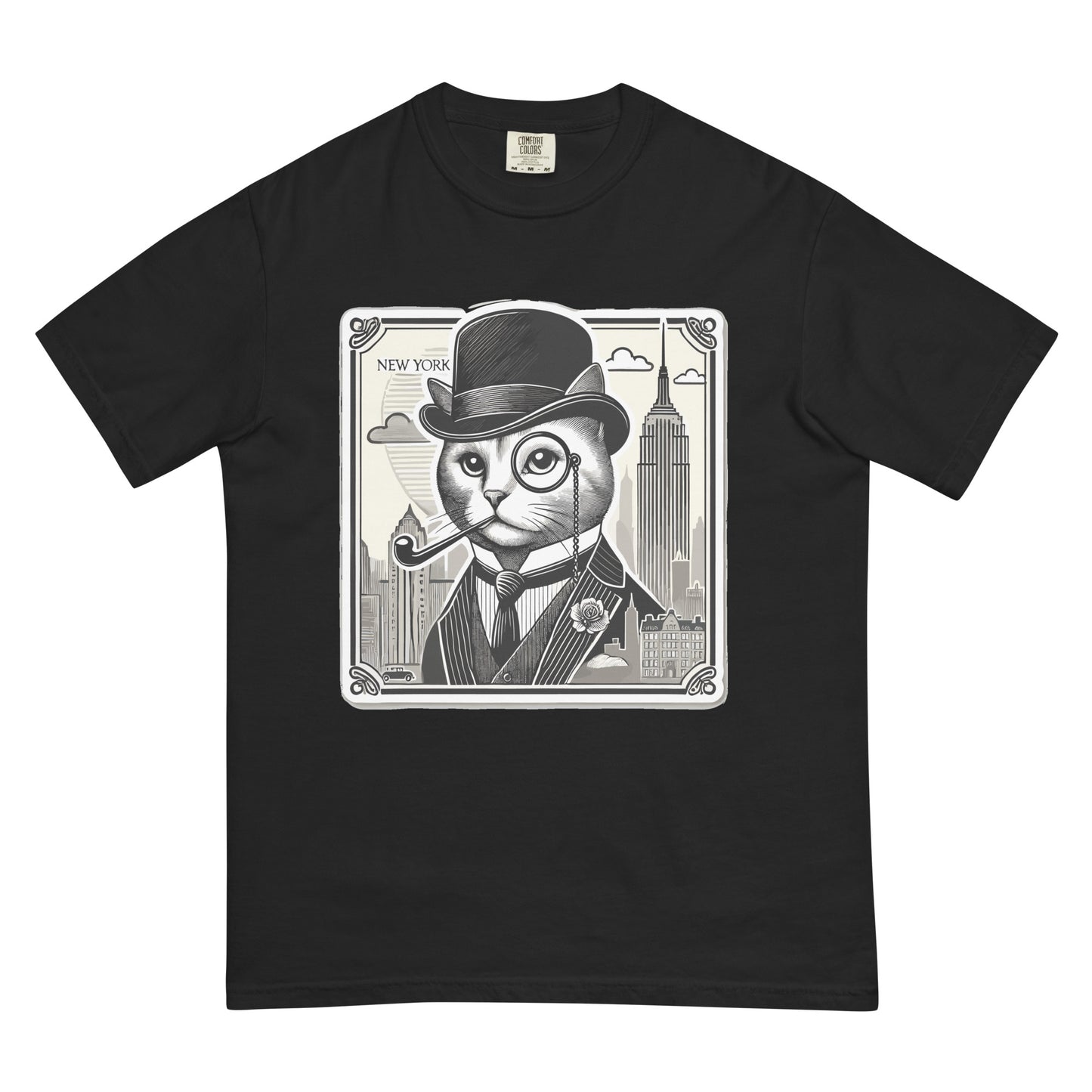 Black New York cat shirt featuring a stylish cat with a monocle and pipe in a vintage cityscape