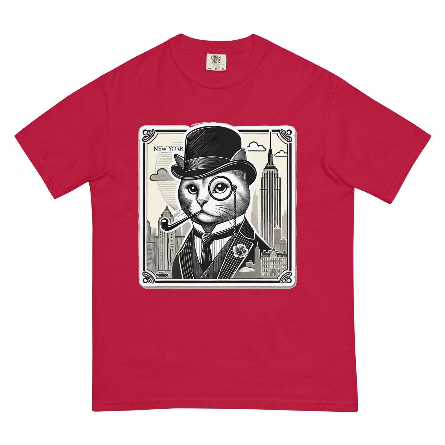 Red New York cat shirt featuring a cat in a suit with a monocle and pipe in front of New York skyline
