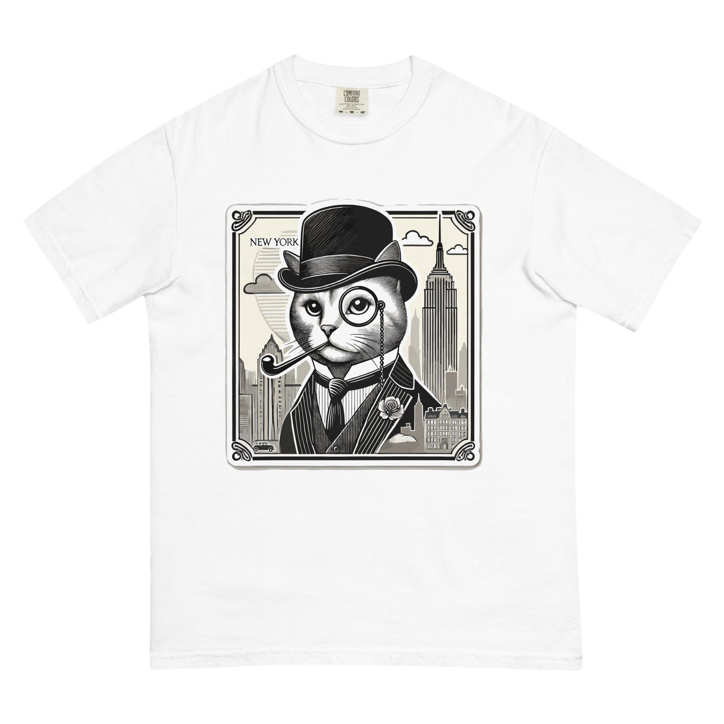 White New York cat shirt with vintage style cat wearing a top hat and monocle in front of city skyline
