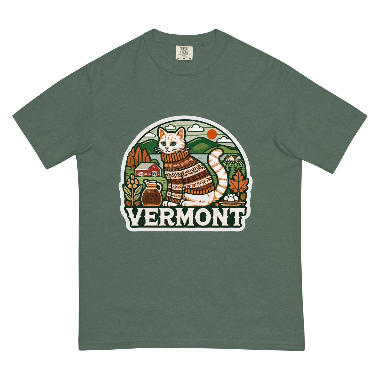 Meowrica Vermont cat t-shirt in green with a cozy cat wearing a sweater and Vermont scenery